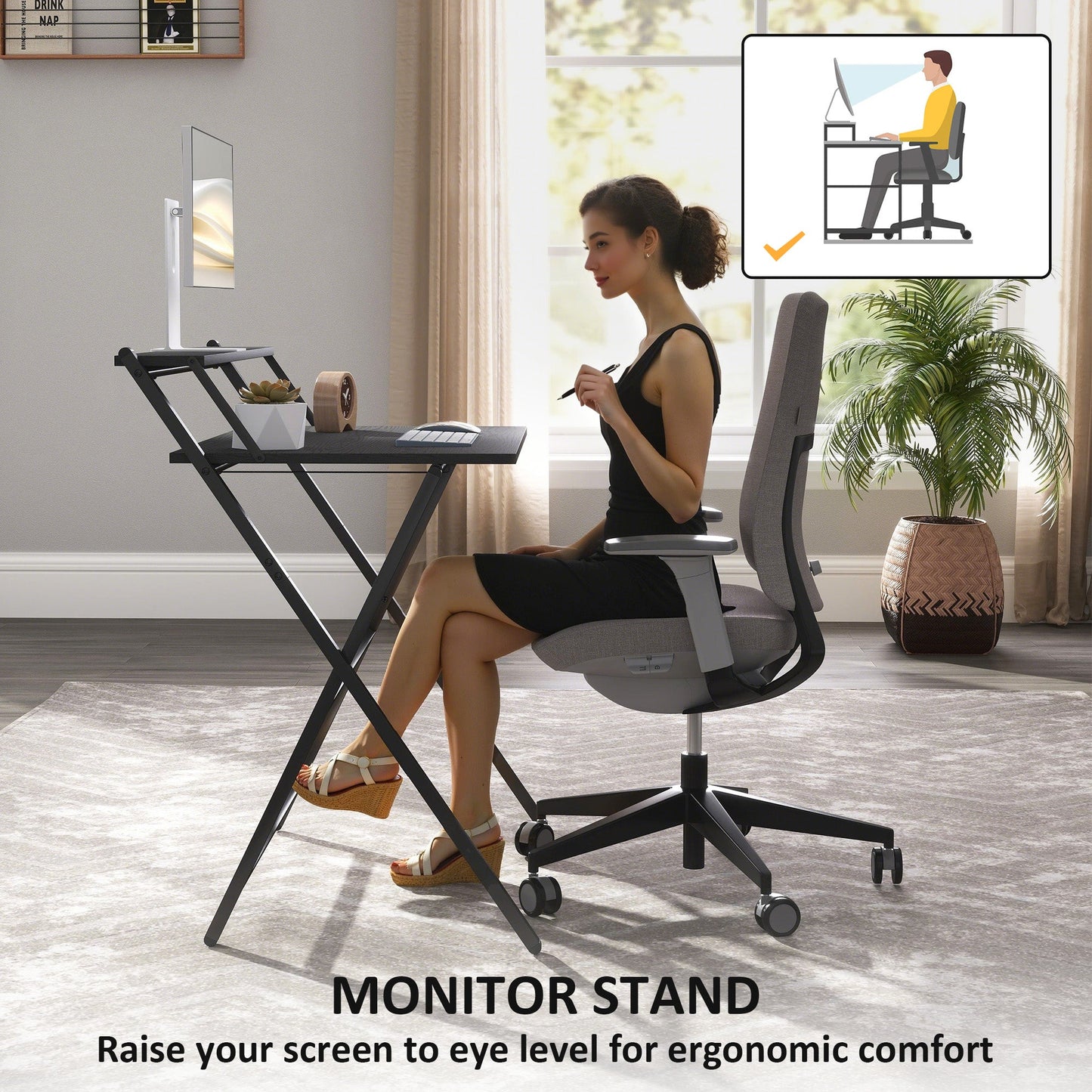 Folding Desk with Monitor Shelf, 81.5 cm Foldable Computer Desk for Small Spaces, Space Saving Writing Table Workstation for Home Office, Study, Easy Assembly, Black