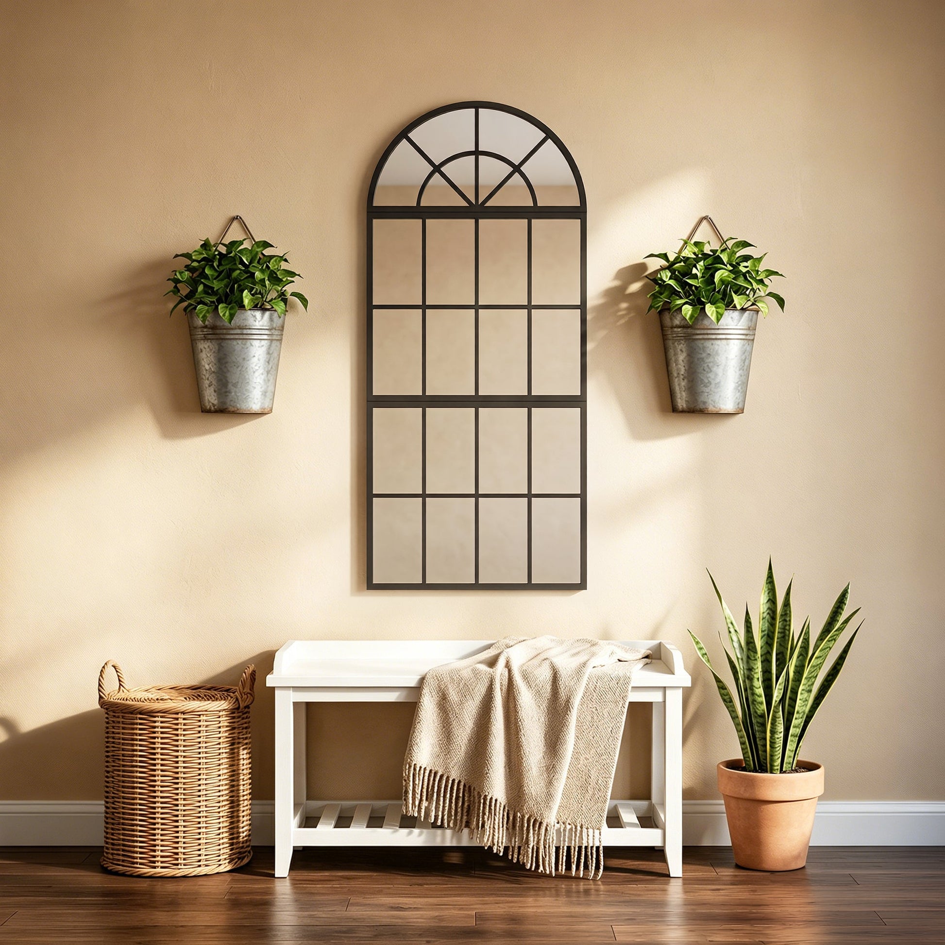 120 x 54 cm, Modern Large Arched Wall Mirror with Metal Grid, 3-Piece Split Window Mirrors with Tempered Glass for Window Decoration, Bedroom and Entryway, Black