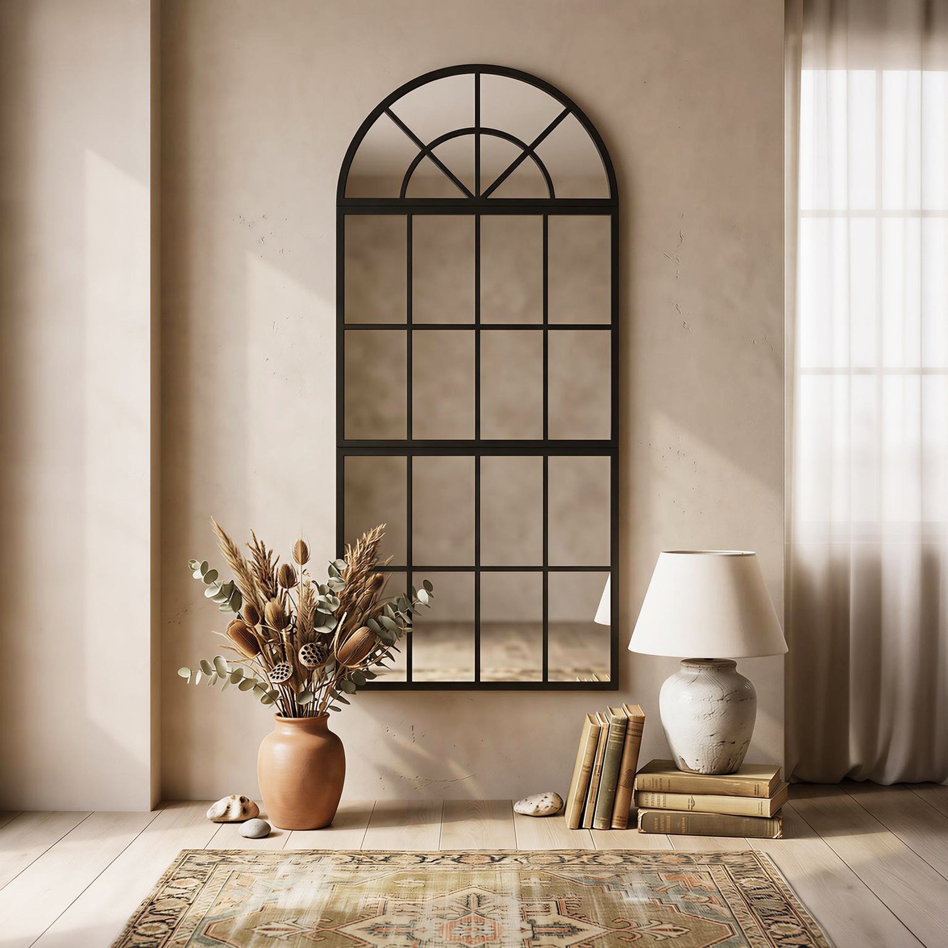 120 x 54 cm, Modern Large Arched Wall Mirror with Metal Grid, 3-Piece Split Window Mirrors with Tempered Glass for Window Decoration, Bedroom and Entryway, Black