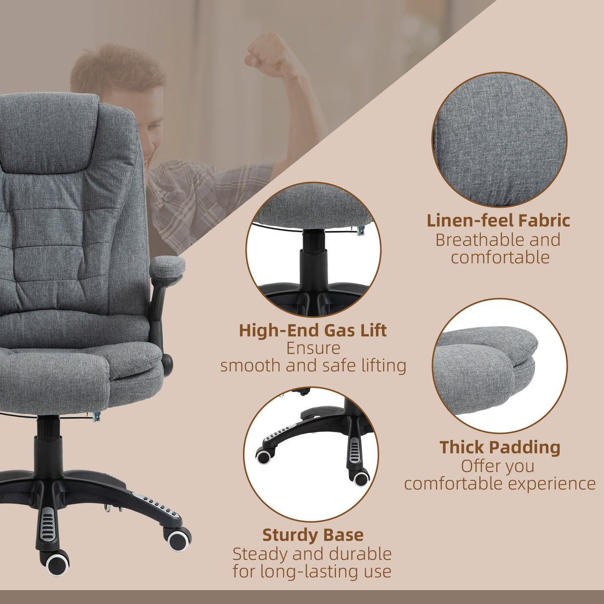 Vinsetto Office Chair, Ergonomic Desk Chair with 6-Point Massage and Back Heated, Linen-Feel Fabric Computer Gaming Chair with Arms, Lumbar Support, Grey