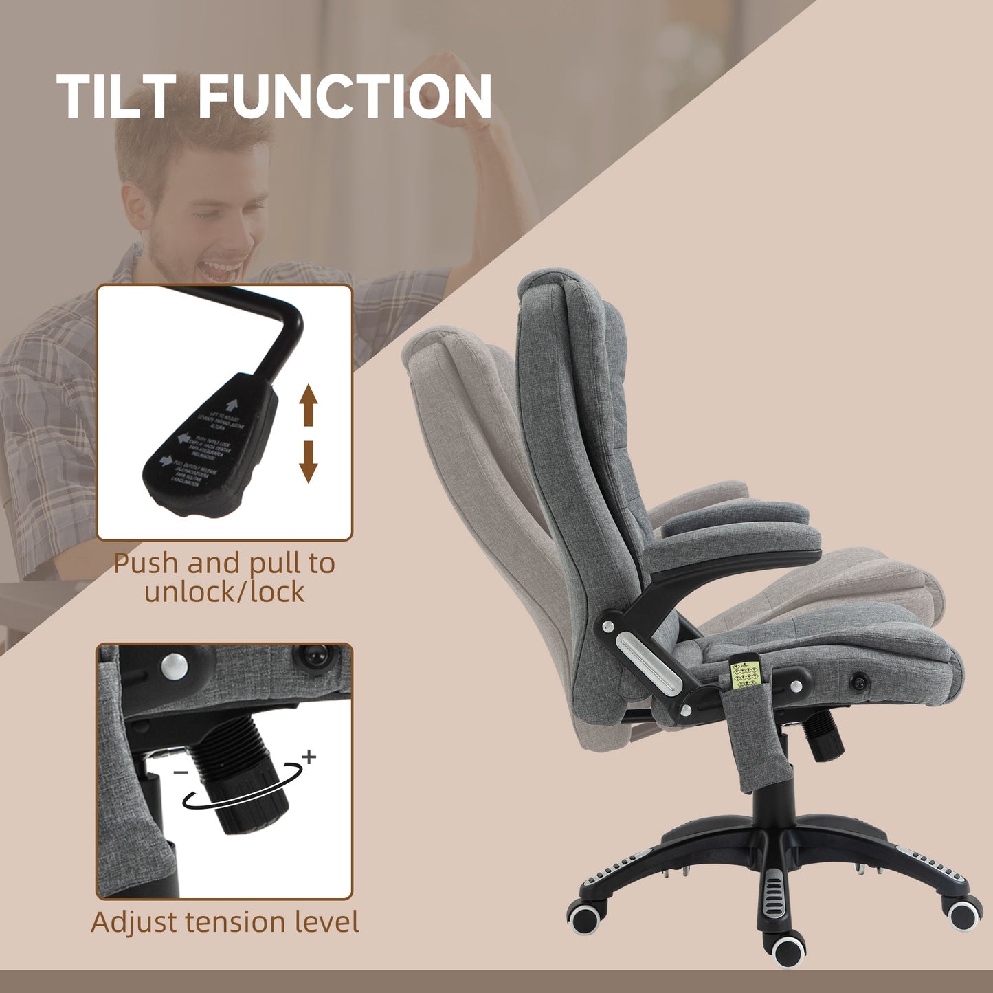 Vinsetto Office Chair, Ergonomic Desk Chair with 6-Point Massage and Back Heated, Linen-Feel Fabric Computer Gaming Chair with Arms, Lumbar Support, Grey