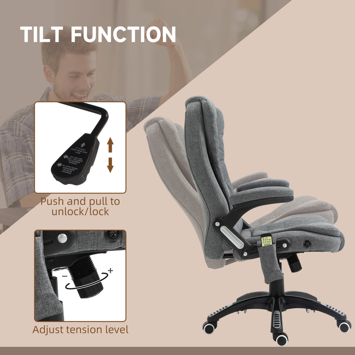 Vinsetto Office Chair, Ergonomic Desk Chair with 6-Point Massage and Back Heated, Linen-Feel Fabric Computer Gaming Chair with Arms, Lumbar Support, Grey