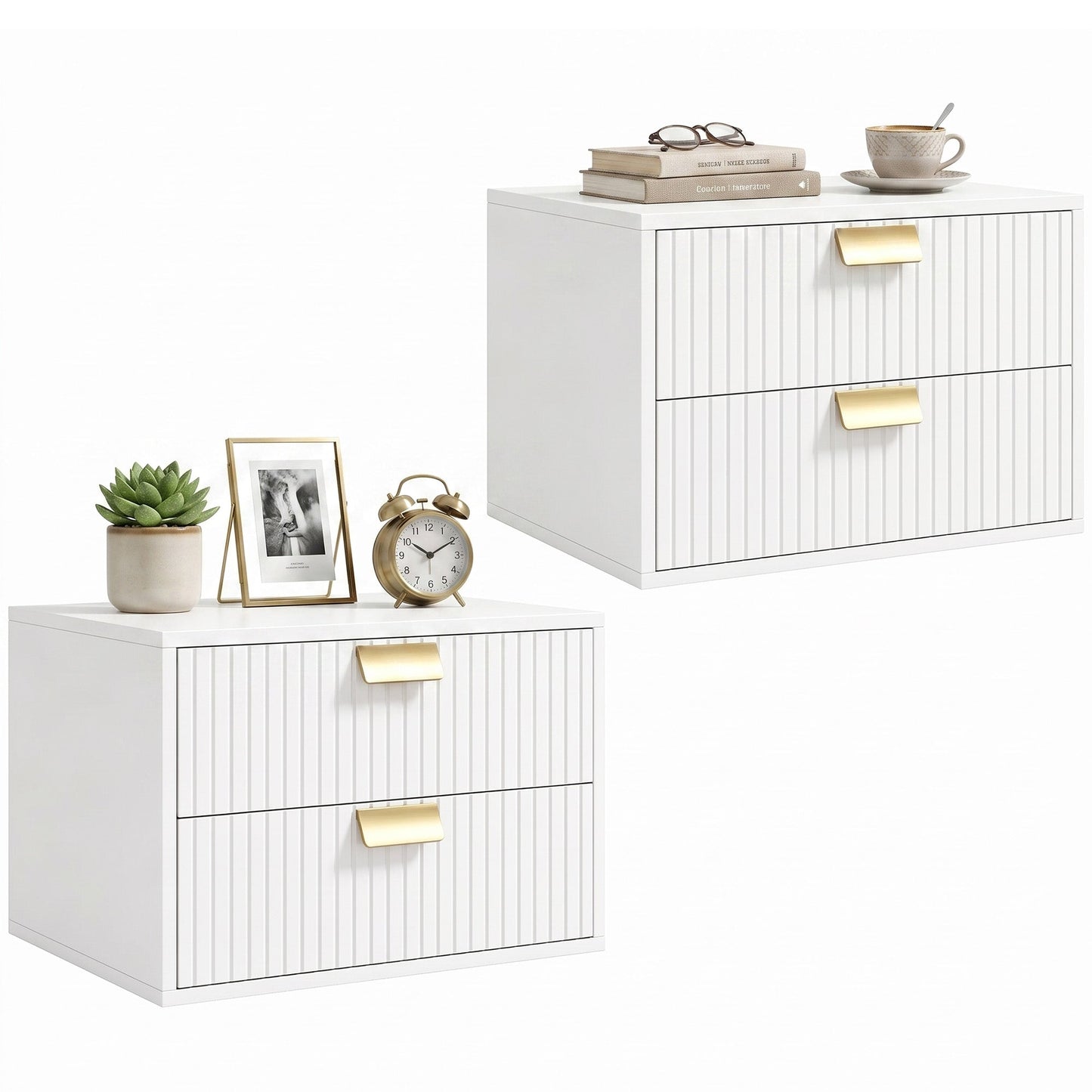 Modern Floating Nightstands Set of 2, Wall Mounted Bedside Tables with 2 Wave Drawers, Bedside Cabinets for Bedroom Living Room, White