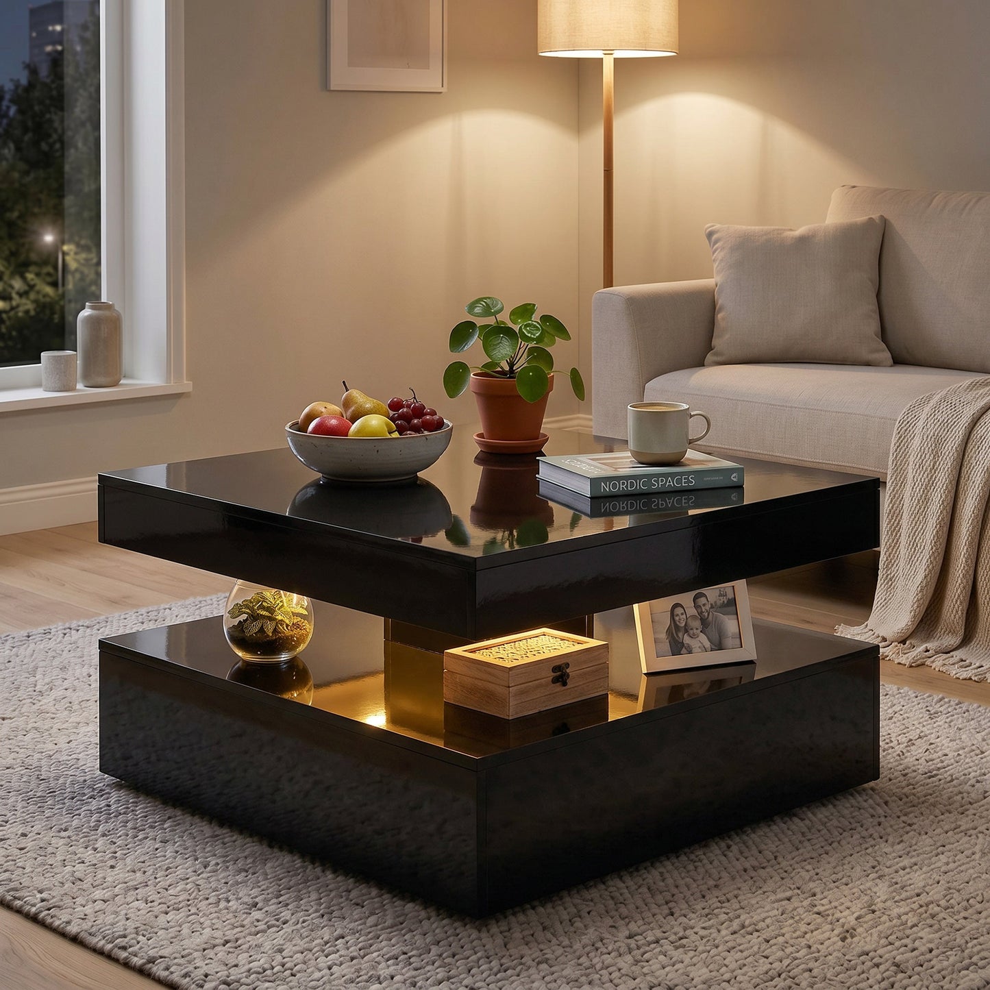 LED Coffee Table with Storage, 2-Tier Modern Centre Table with Open Shelf and Remote for Living Room, High Gloss Black