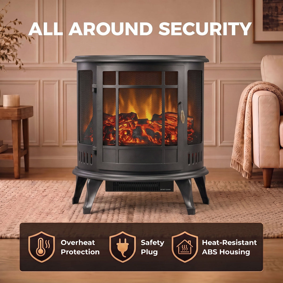 3-Sided Electric Fireplace Stove, 2000W Freestanding Log Burner, Portable Electric Fire Fan Heater with LED Flame Effect, Adjustable Thermostat, Overheat Protection, Black