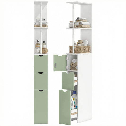 Tall Bathroom Cabinet, Freestanding Slim Bathroom Storage Cabinet with 2-Tier Open Shelf and 2 Drawers for Small Space, Narrow Cupboard Storage Unit, White and Light Green