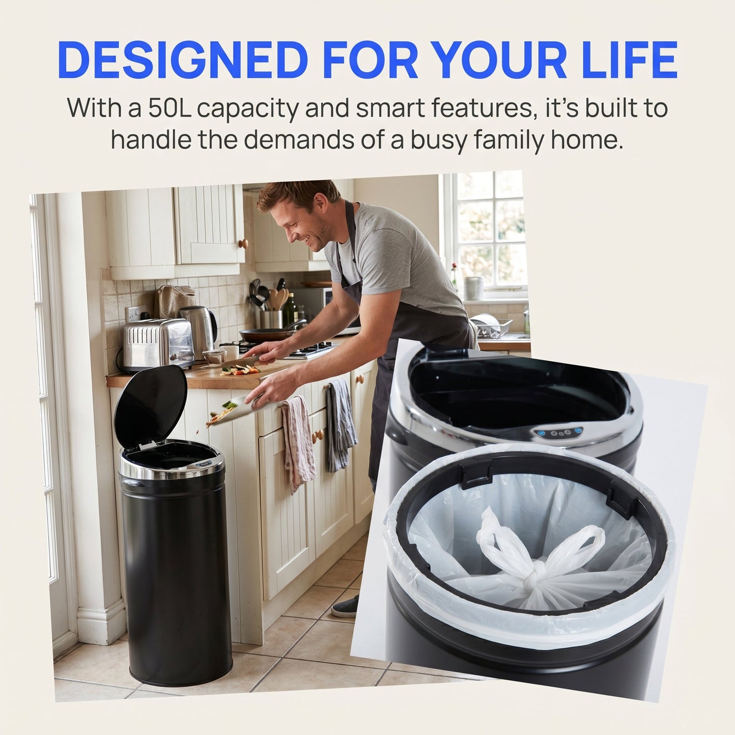 50L Sensor Bin with Quiet Soft-Close Lid, Automatic Touchless Motion Sensor Rubbish Bin with Fingerprint Resistant, Stainless Steel for Hygienic Kitchen, Home Office Use, Black