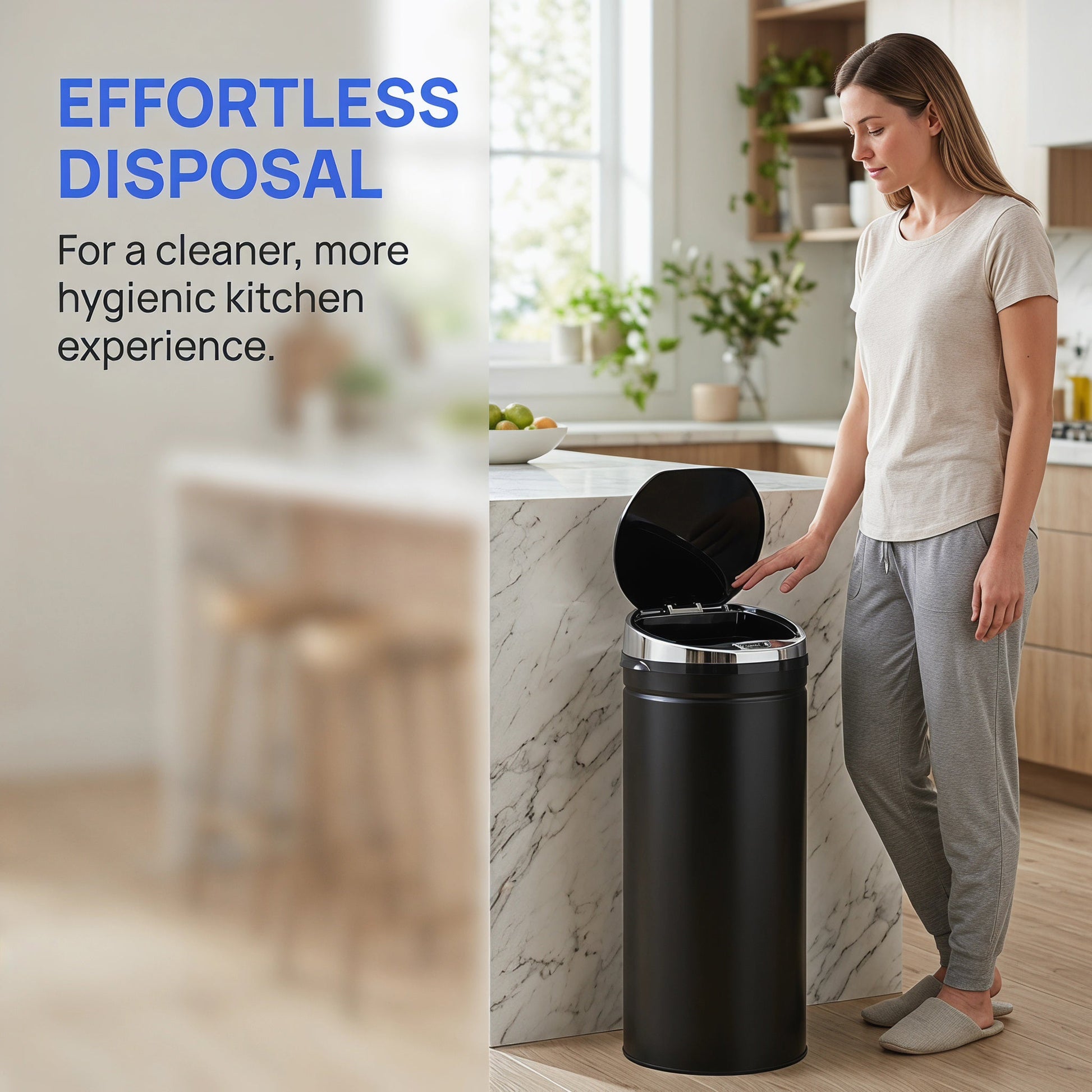 50L Sensor Bin with Quiet Soft-Close Lid, Automatic Touchless Motion Sensor Rubbish Bin with Fingerprint Resistant, Stainless Steel for Hygienic Kitchen, Home Office Use, Black