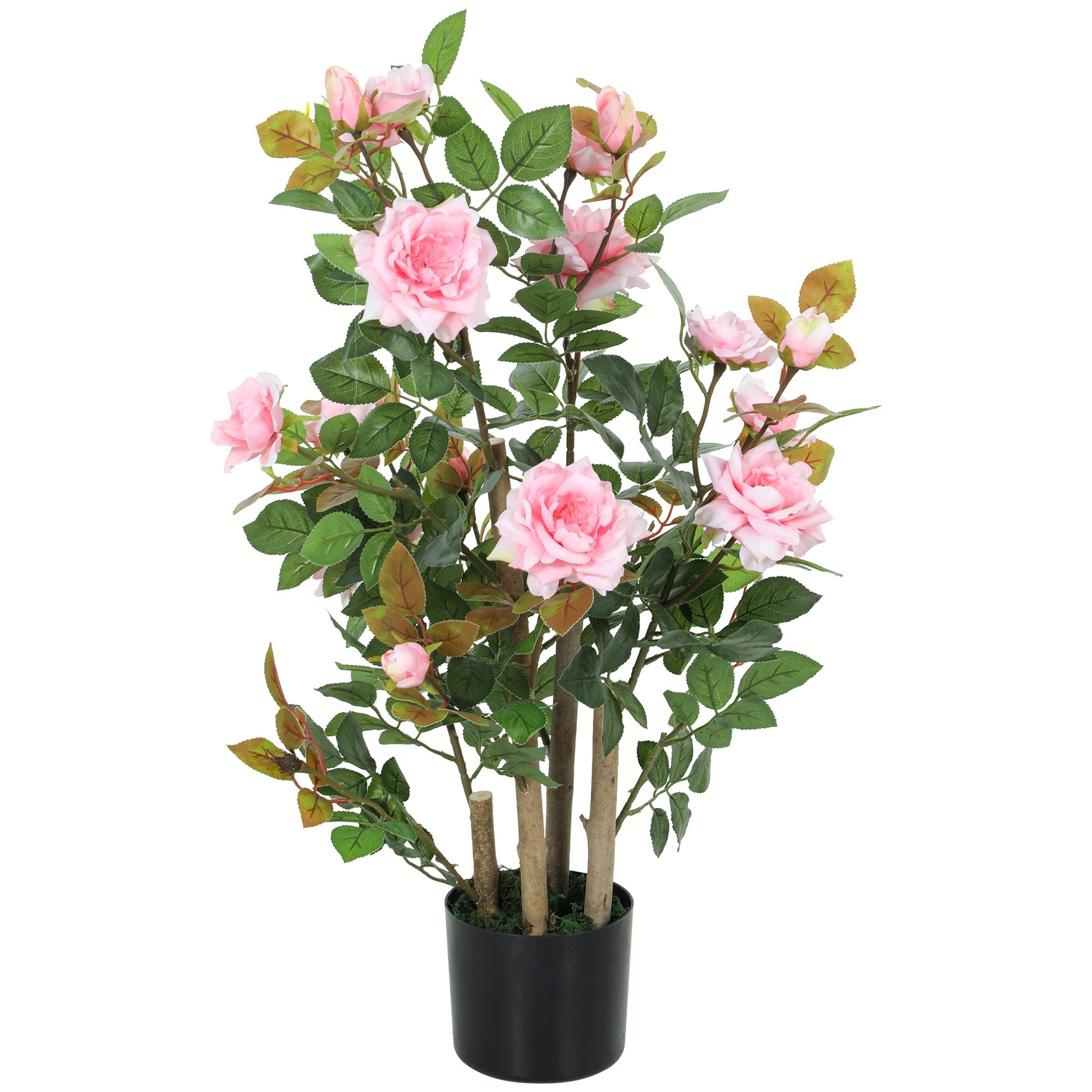 90cm Artificial Rose Tree, Decorative Fake Plant with 344 Silk Leaves and 17 Flowers, UV-Resistant Faux Tree for Outdoor Indoor Garden Porch Decor, Pink