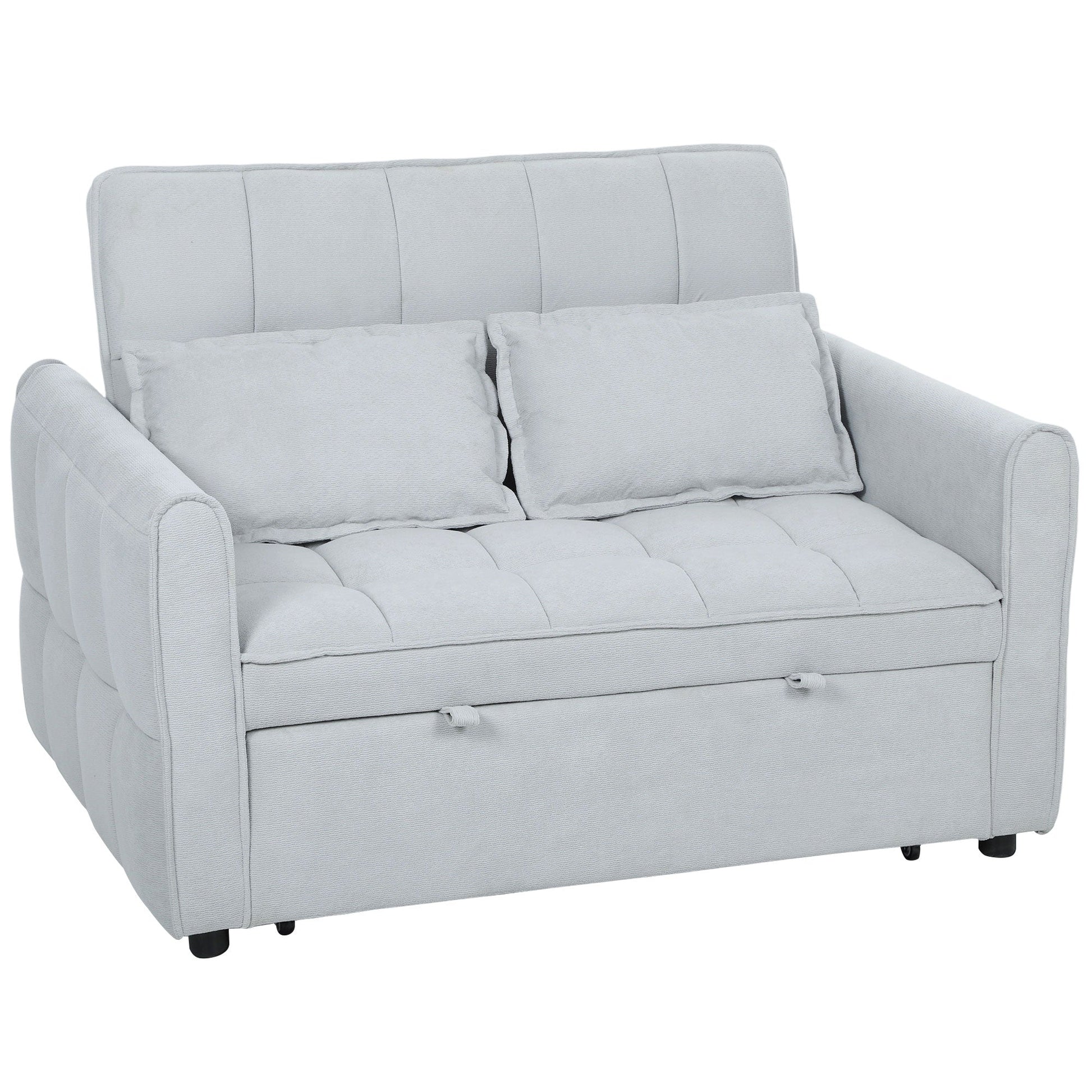 2 Seater Sofa Bed, 3-in-1 Convertible Sleeper Sofa with Click-clack Adjustable Backrest and 2 Pillows, Pull Out Corn Velvet-feel Fabric Bed Settee for Living Room, Guest Room, Light Grey