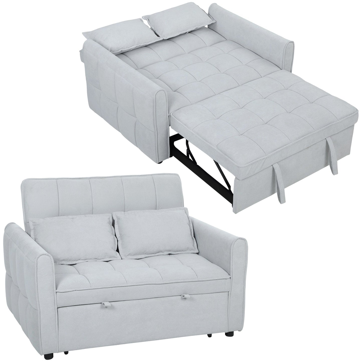 2 Seater Sofa Bed, 3-in-1 Convertible Sleeper Sofa with Click-clack Adjustable Backrest and 2 Pillows, Pull Out Corn Velvet-feel Fabric Bed Settee for Living Room, Guest Room, Light Grey