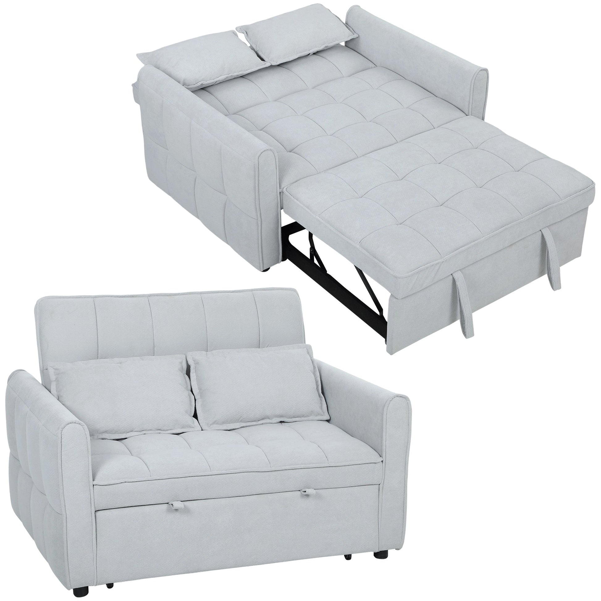 2 Seater Sofa Bed, 3-in-1 Convertible Sleeper Sofa with Click-clack Adjustable Backrest and 2 Pillows, Pull Out Corn Velvet-feel Fabric Bed Settee for Living Room, Guest Room, Light Grey