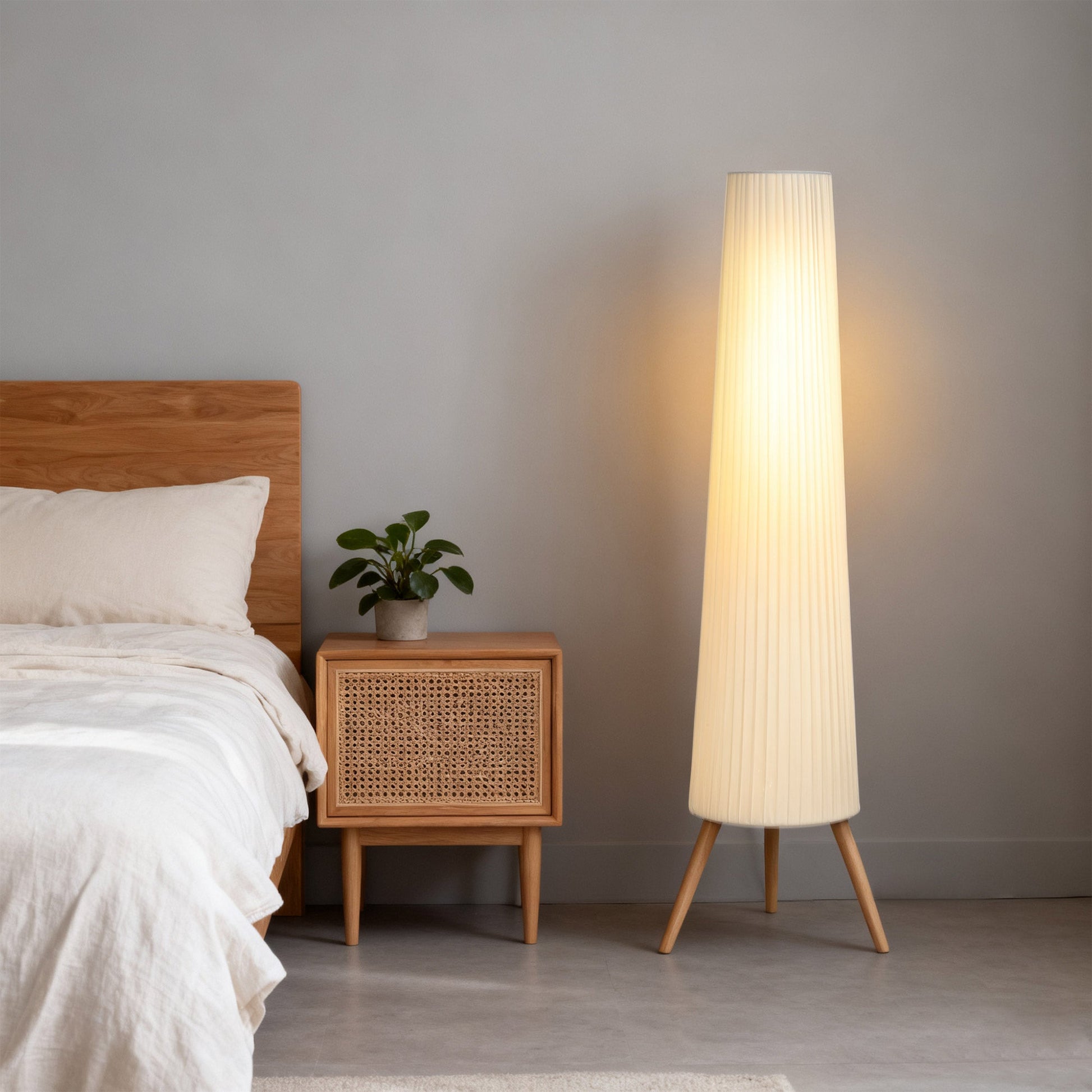 Dimmable Tripod Floor Lamp with Foot Switch, Nordic Standing Lamp with Wood Legs and Fabric Shade for Living Room, Bedroom, Office, 153cm, White