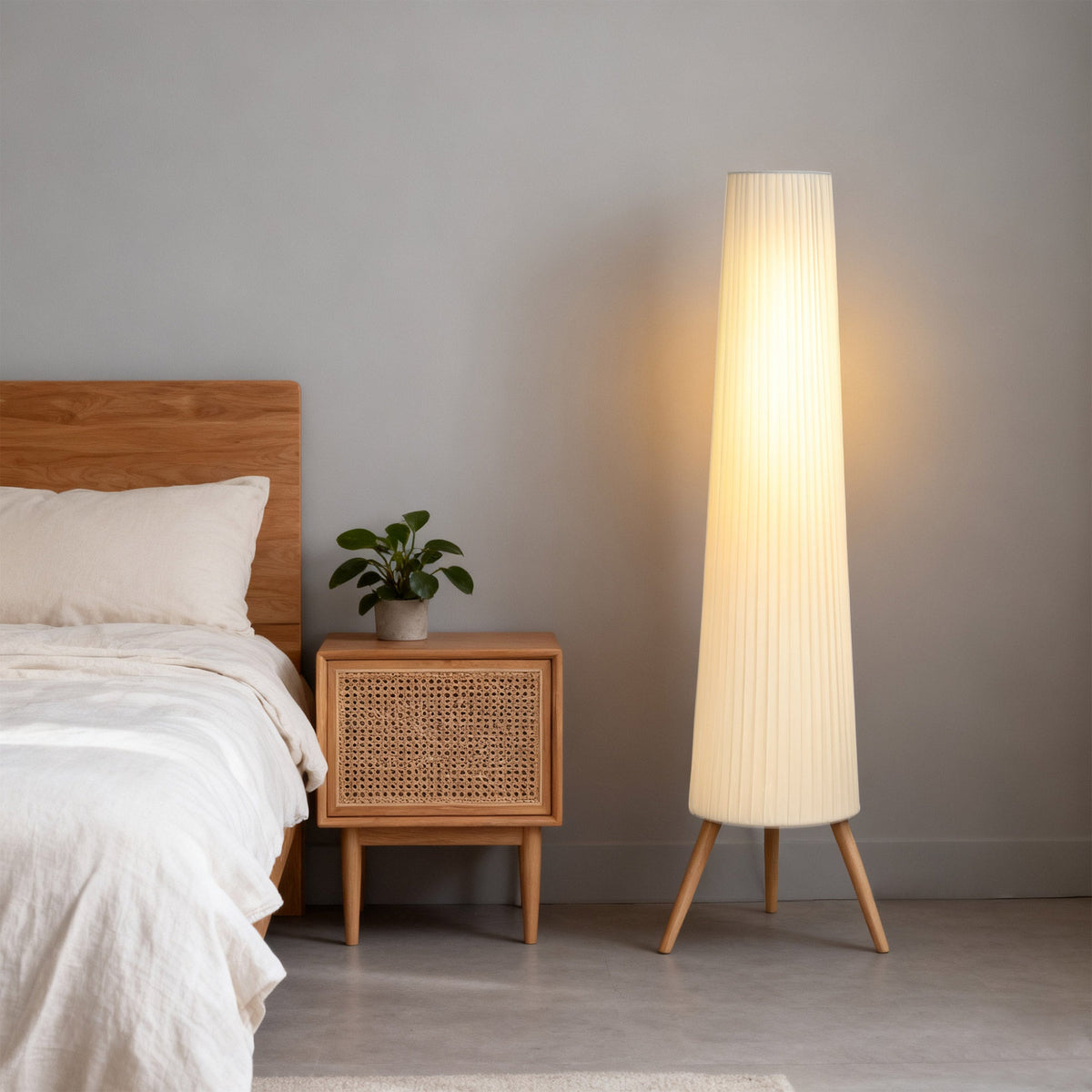 Dimmable Tripod Floor Lamp with Foot Switch, Nordic Standing Lamp with Wood Legs and Fabric Shade for Living Room, Bedroom, Office, 153cm, White
