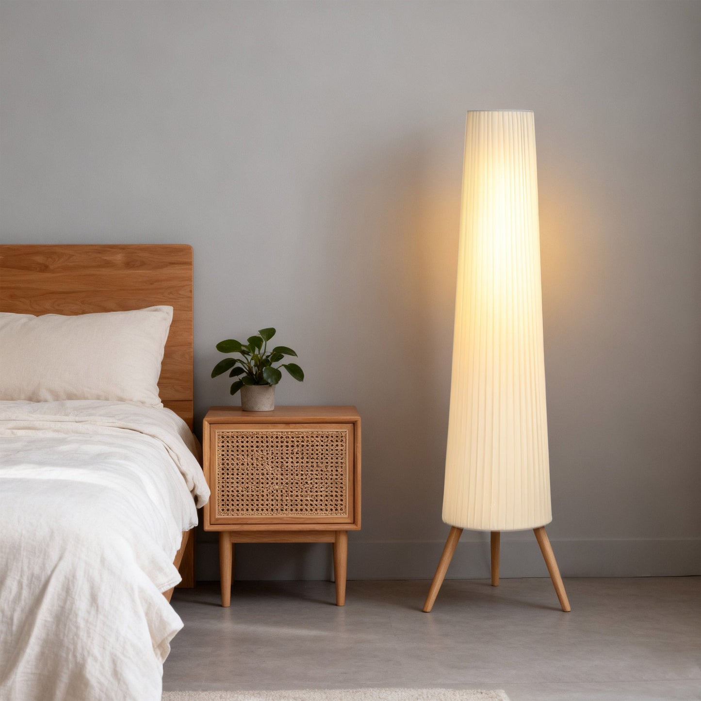 Dimmable Tripod Floor Lamp with Foot Switch, Nordic Standing Lamp with Wood Legs and Fabric Shade for Living Room, Bedroom, Office, 153cm, White
