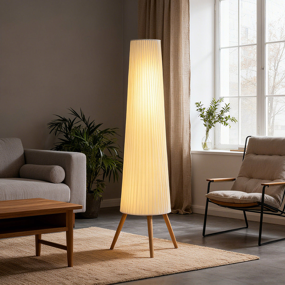 Dimmable Tripod Floor Lamp with Foot Switch, Nordic Standing Lamp with Wood Legs and Fabric Shade for Living Room, Bedroom, Office, 153cm, White