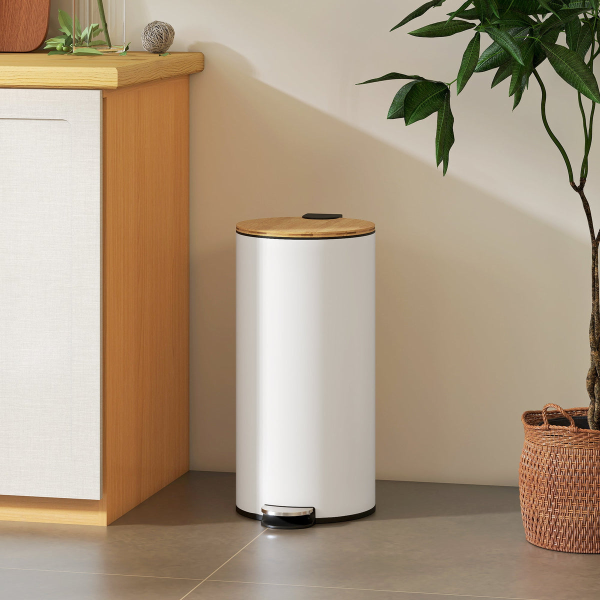 30 Litre Pedal Kitchen Bin with Soft Close and Stay Open Lid, Rubbish Bin with Removable Inner Bucket for Kitchen, Office, Home, White and Natural