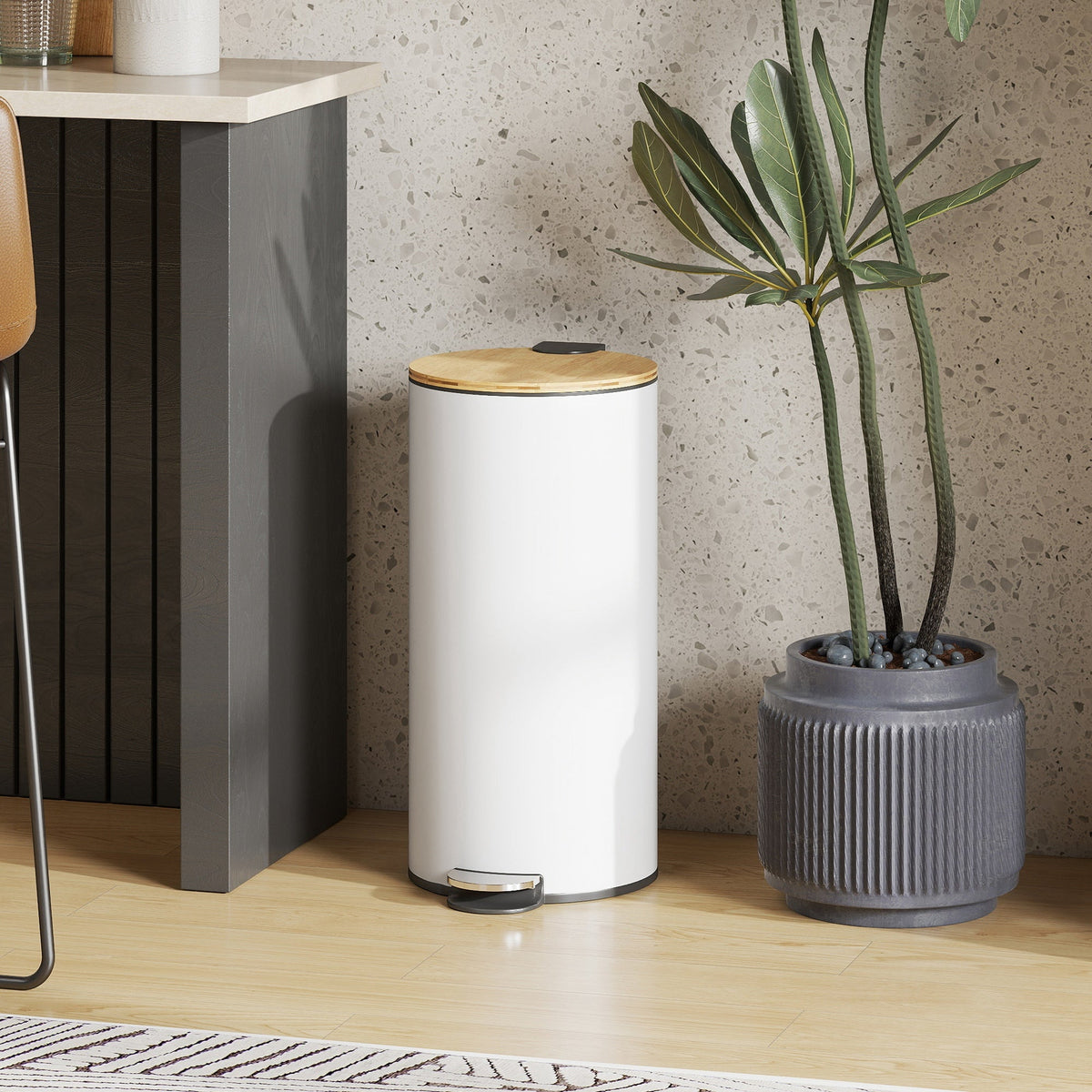 30 Litre Pedal Kitchen Bin with Soft Close and Stay Open Lid, Rubbish Bin with Removable Inner Bucket for Kitchen, Office, Home, White and Natural