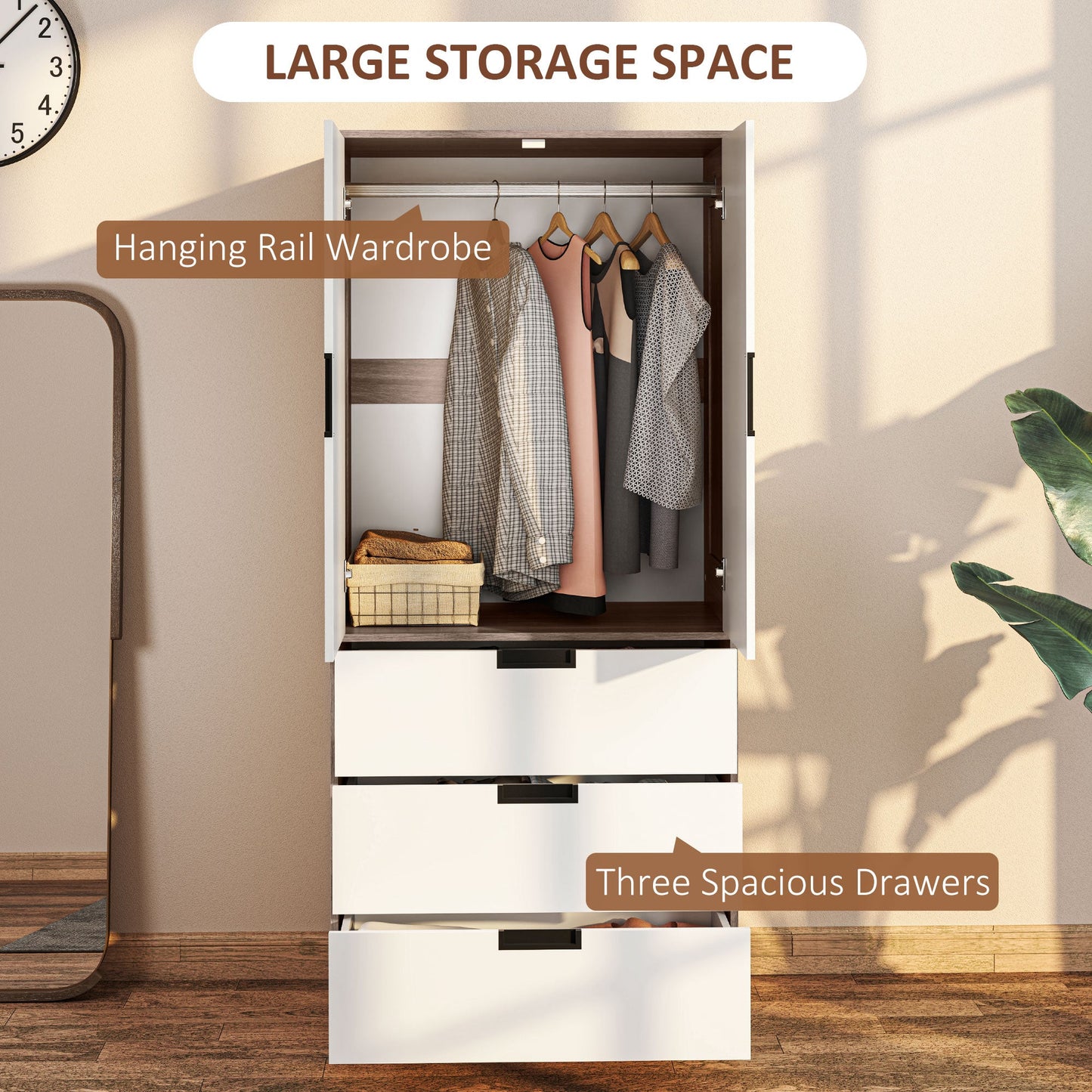HOMCOM 3 Drawer 2 Door Wardrobe, Modern Clothes Storage Cupboard Unit with Hanging Rod, Bedroom Wardrobe with Soft Closing Hinge, 50D x 80W x 180Hcm, Brown