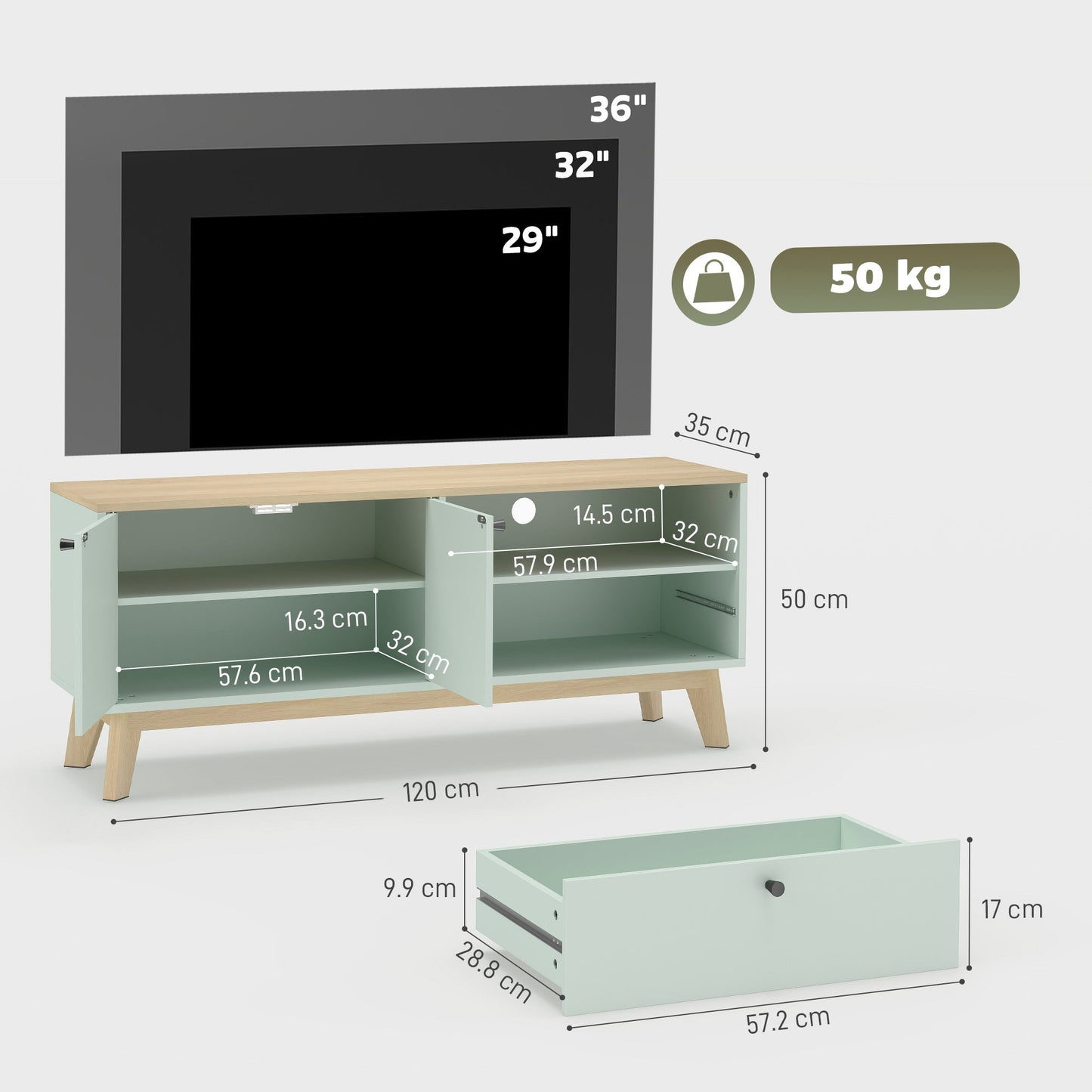 TV Stand Cabinet for Television up to 36 Inch, Modern TV Unit with 2 Doors and Open Shelf, Entertainment Center with Adjustable Shelf for Living Room, Light Green