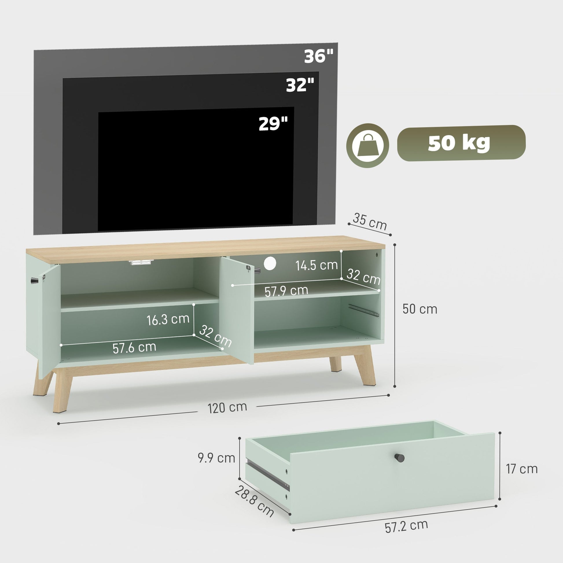 TV Stand Cabinet for Television up to 36 Inch, Modern TV Unit with 2 Doors and Open Shelf, Entertainment Center with Adjustable Shelf for Living Room, Light Green