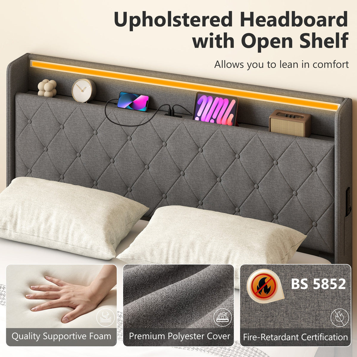 5ft King Ottoman Bed Frame with Hydraulic Storage, APP Control LED Lights and Charging Station, Upholstered Lift Up Storage Bed Frame with Headboard, No Box Spring Needed, Dark Grey