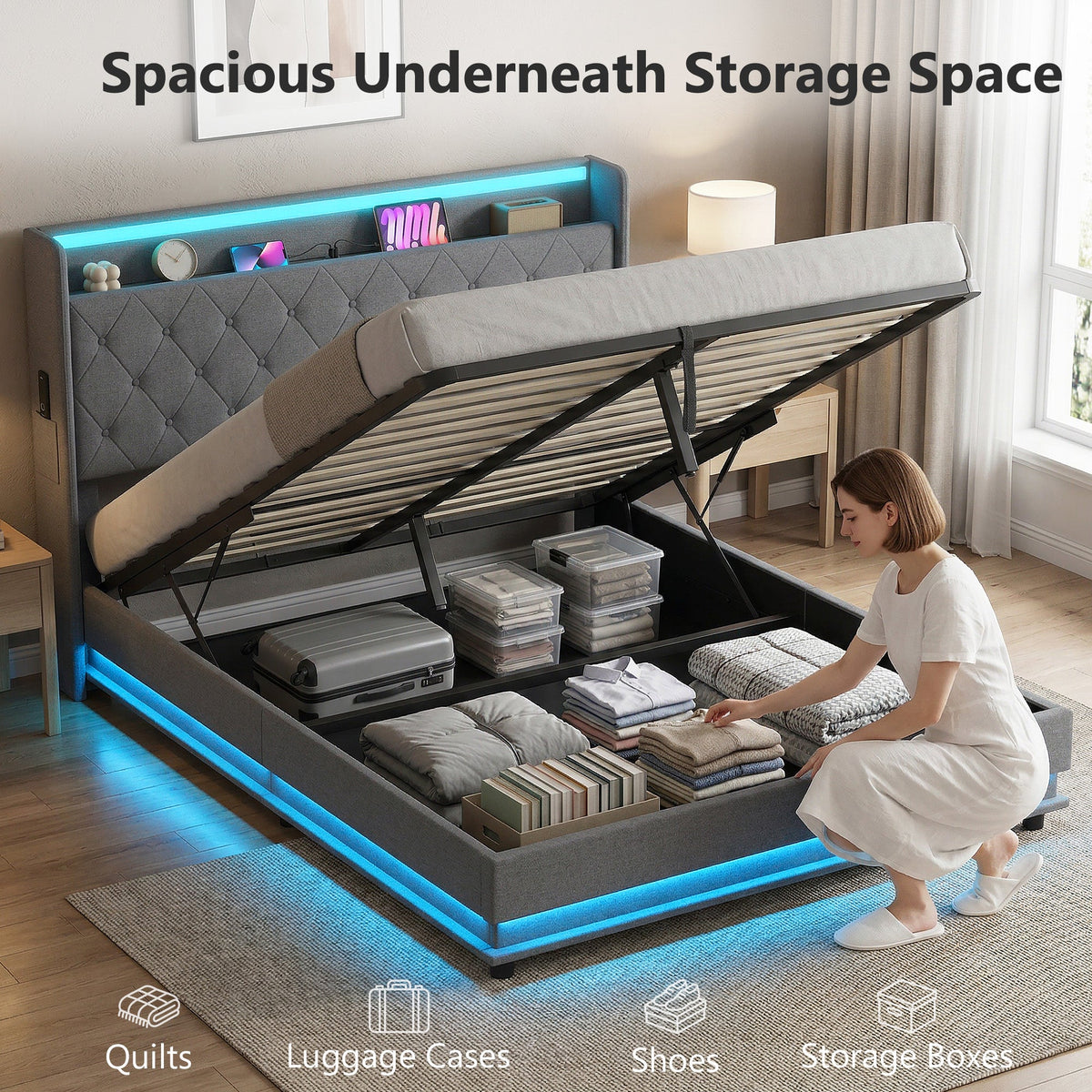 5ft King Ottoman Bed Frame with Hydraulic Storage, APP Control LED Lights and Charging Station, Upholstered Lift Up Storage Bed Frame with Headboard, No Box Spring Needed, Dark Grey