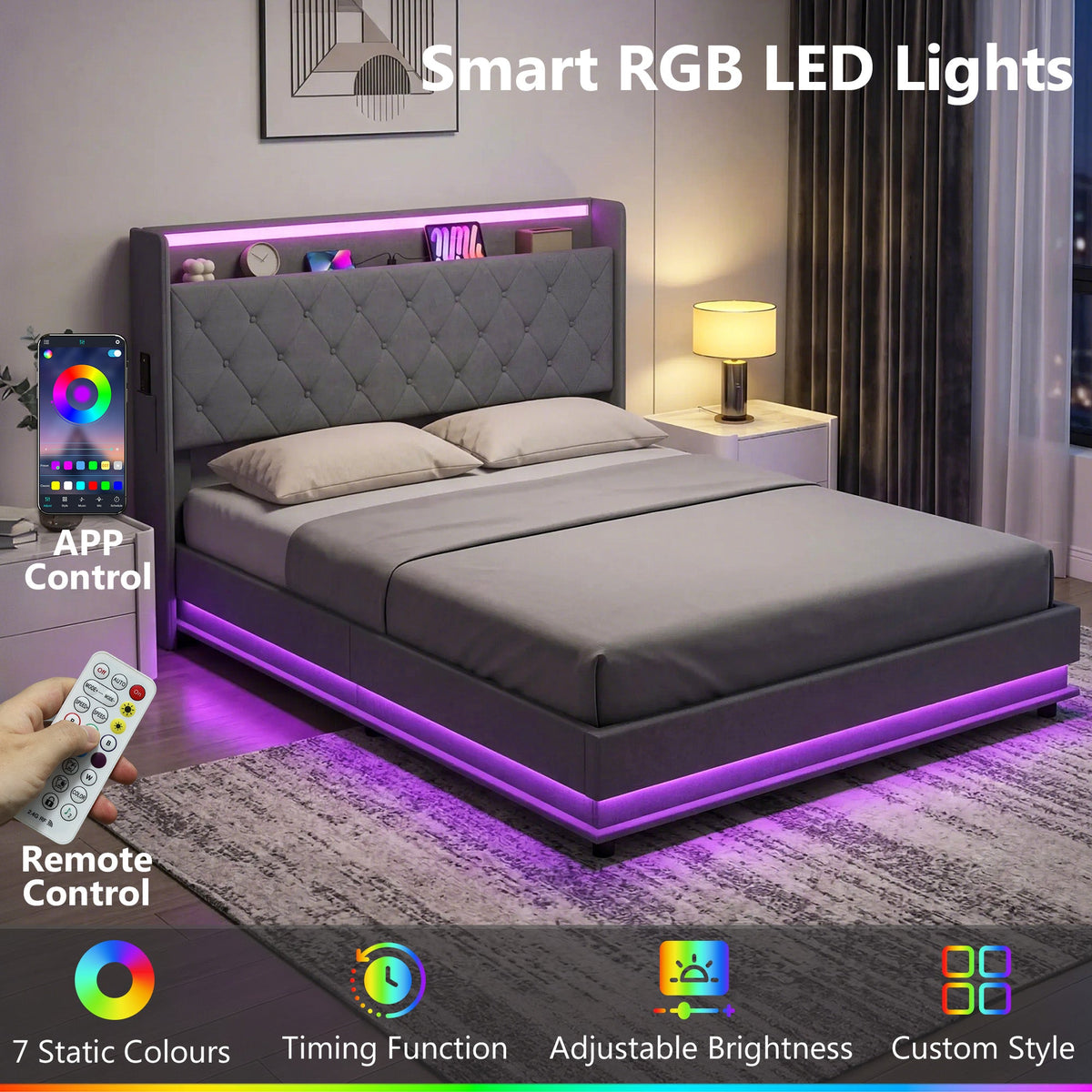 5ft King Ottoman Bed Frame with Hydraulic Storage, APP Control LED Lights and Charging Station, Upholstered Lift Up Storage Bed Frame with Headboard, No Box Spring Needed, Dark Grey