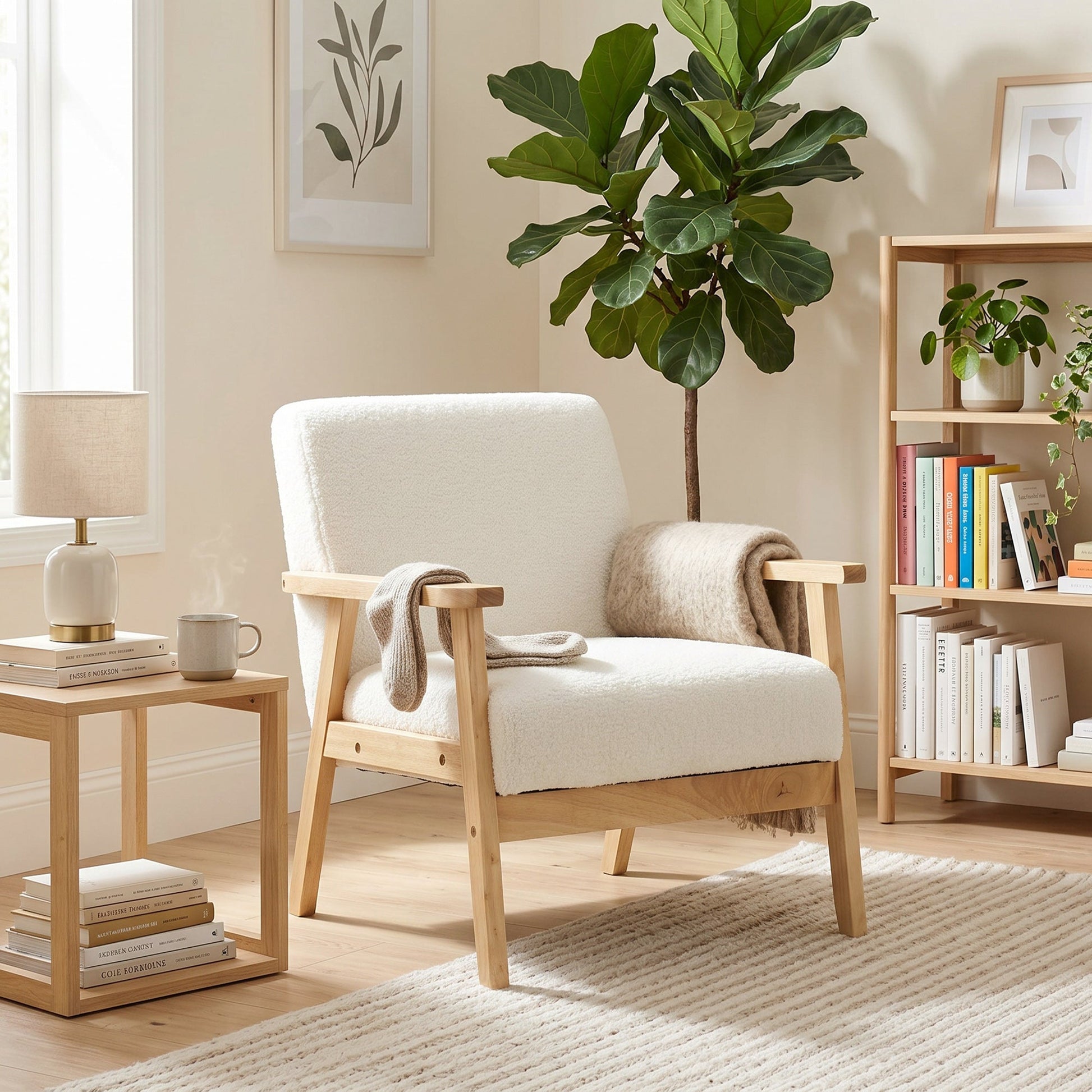 Modern Armchair, Sherpa Fleece Upholstered Accent Chair with Solid Wood Legs and Wide Seat, Padding Lounge Chair for Living Room Bedroom Office, Cream White