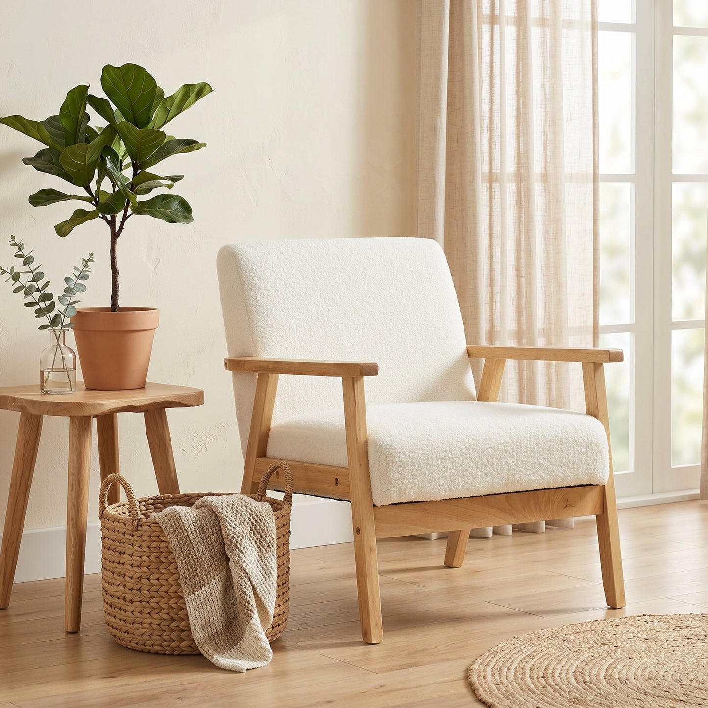 Modern Armchair, Sherpa Fleece Upholstered Accent Chair with Solid Wood Legs and Wide Seat, Padding Lounge Chair for Living Room Bedroom Office, Cream White