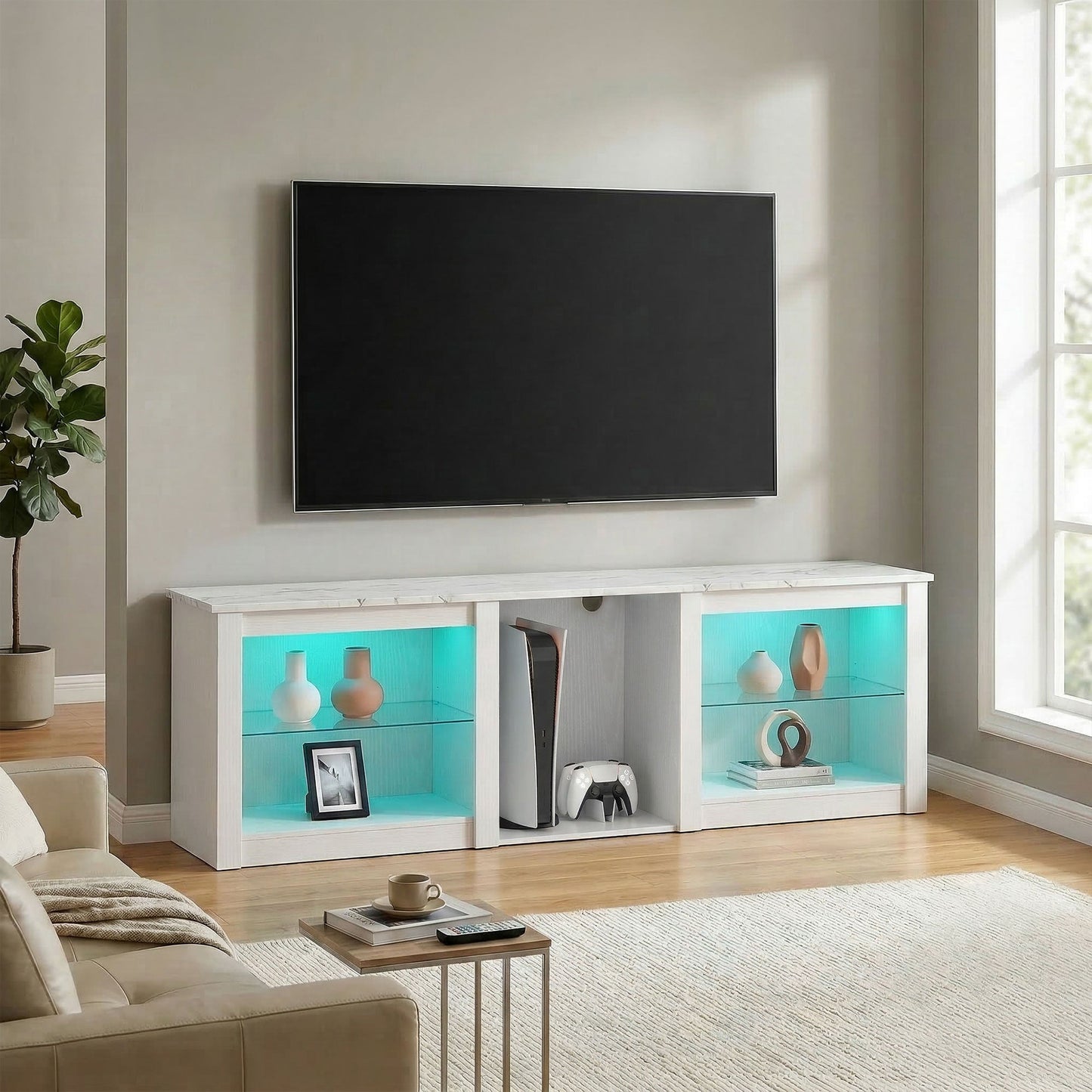 TV Unit with LED Lights for TV up to 70 Inch, 160cm TV Stand Cabinet with Adjustable Glass Shelves, Open Compartments for Gaming Consoles, TV Cabinet for Living Room, Bedroom, White