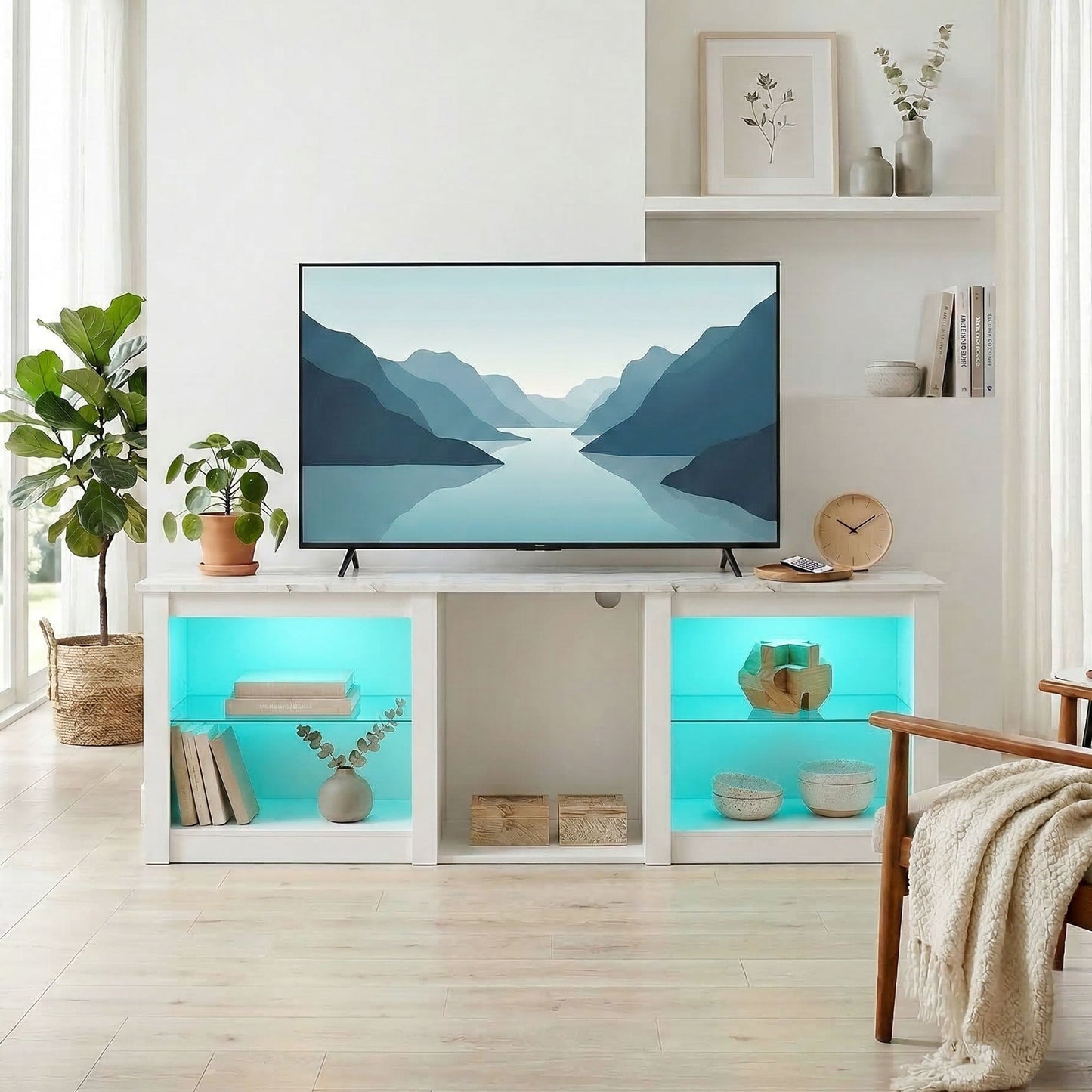 TV Unit with LED Lights for TV up to 70 Inch, 160cm TV Stand Cabinet with Adjustable Glass Shelves, Open Compartments for Gaming Consoles, TV Cabinet for Living Room, Bedroom, White