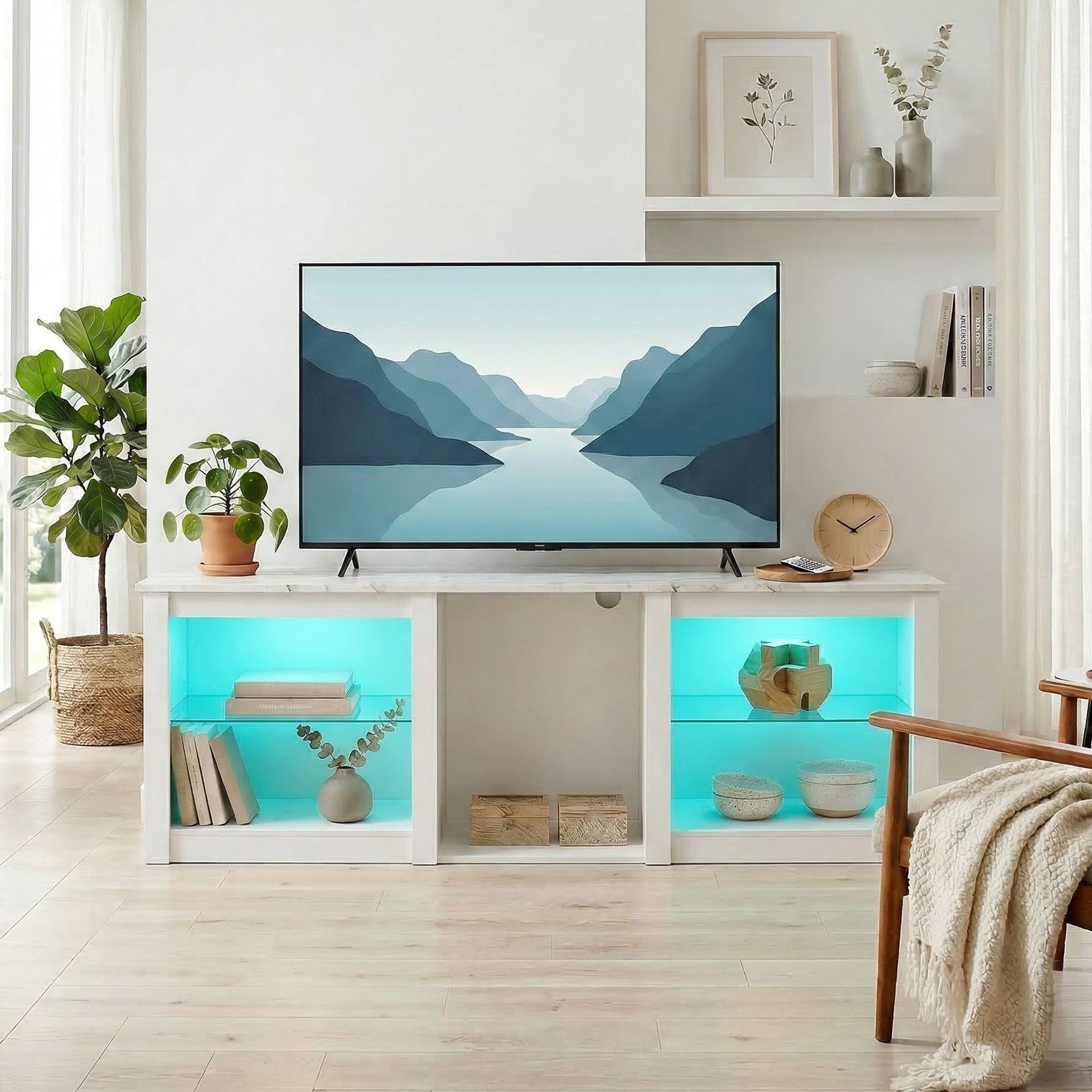 TV Unit with LED Lights for TV up to 70 Inch, 160cm TV Stand Cabinet with Adjustable Glass Shelves, Open Compartments for Gaming Consoles, TV Cabinet for Living Room, Bedroom, White