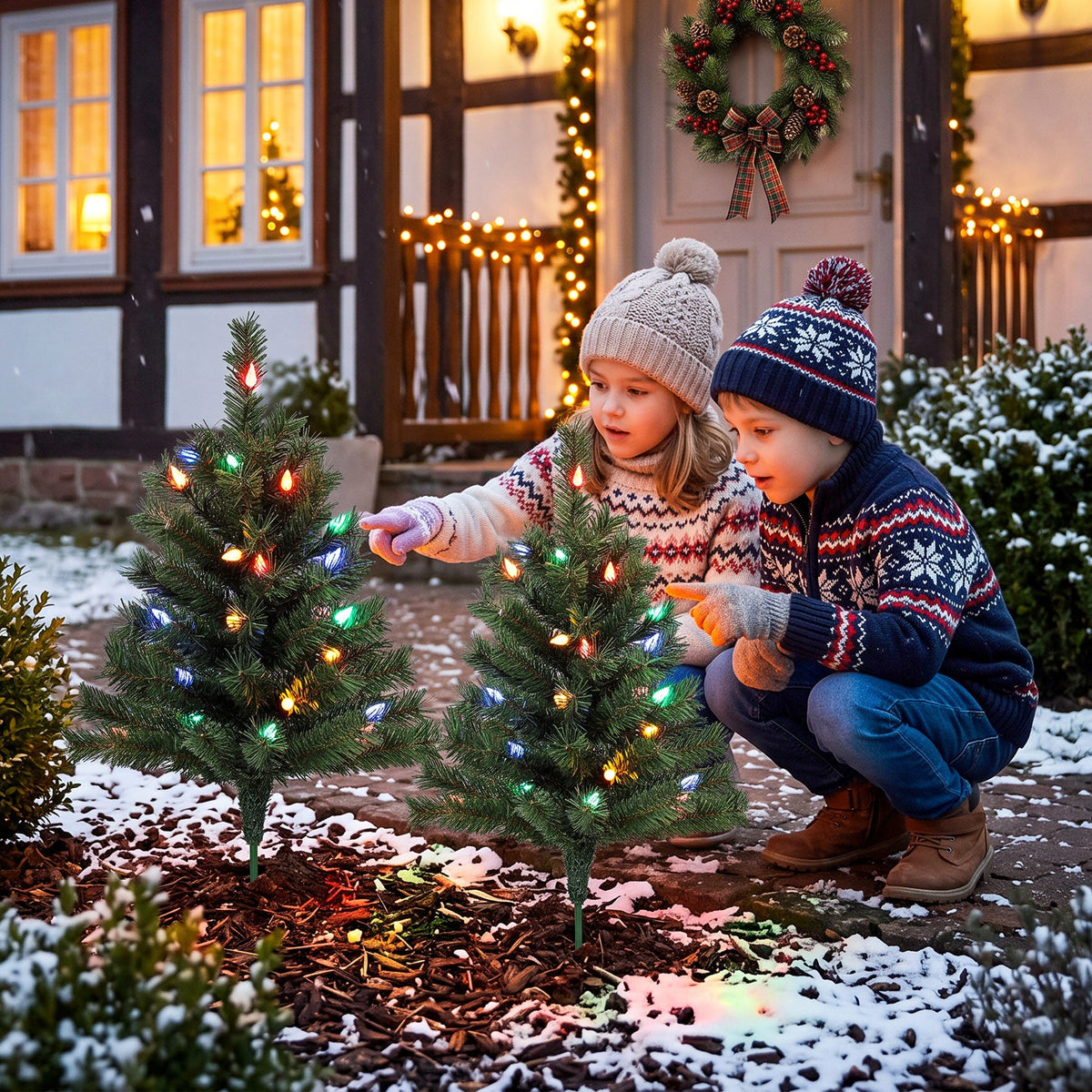 60 cm Pre-Lit Christmas Tree, 2-Pack Artificial Christmas Stake Trees with 60 Colourful LED Lights, 130 Tips, Ground Stakes, Green