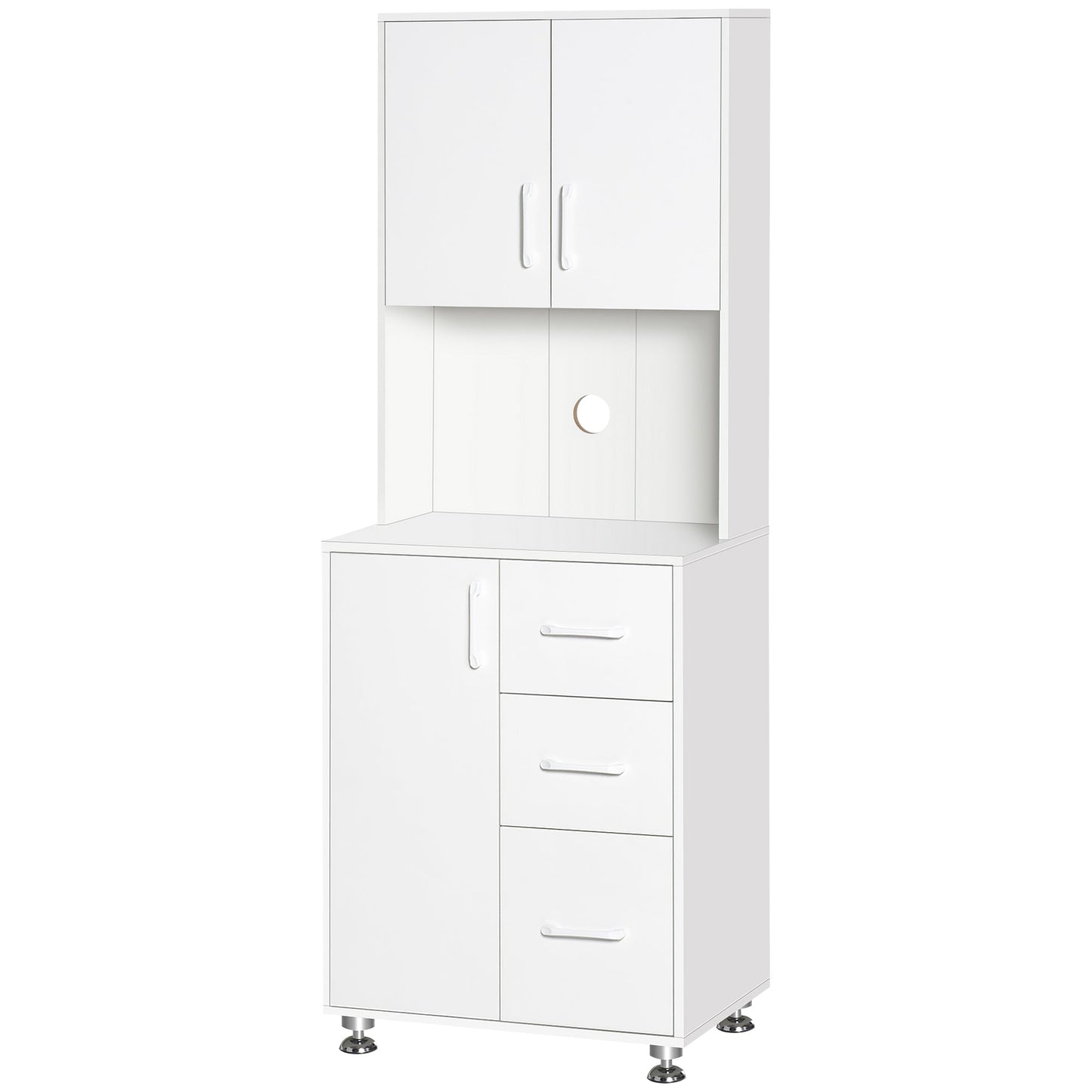 Modern Kitchen Cupboard with Storage Cabinets, 3 Drawers and Open Countertop for Living Room, White