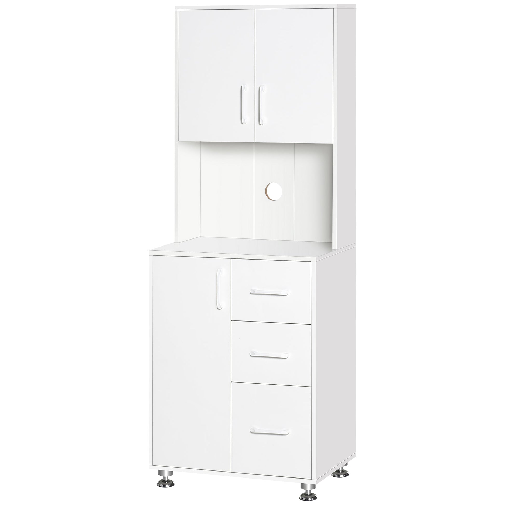 Modern Kitchen Cupboard with Storage Cabinets, 3 Drawers and Open Countertop for Living Room, White