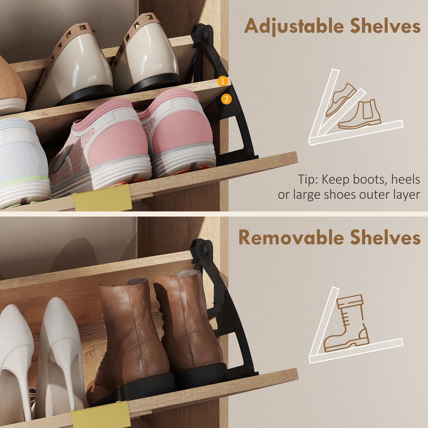 Narrow Shoe Cabinet with 2 Flip Drawers, Modern Shoe Storage Cabinet with Adjustable Shelves for Entryway, Hallway, Holds 8 Pairs, Walnut Brown