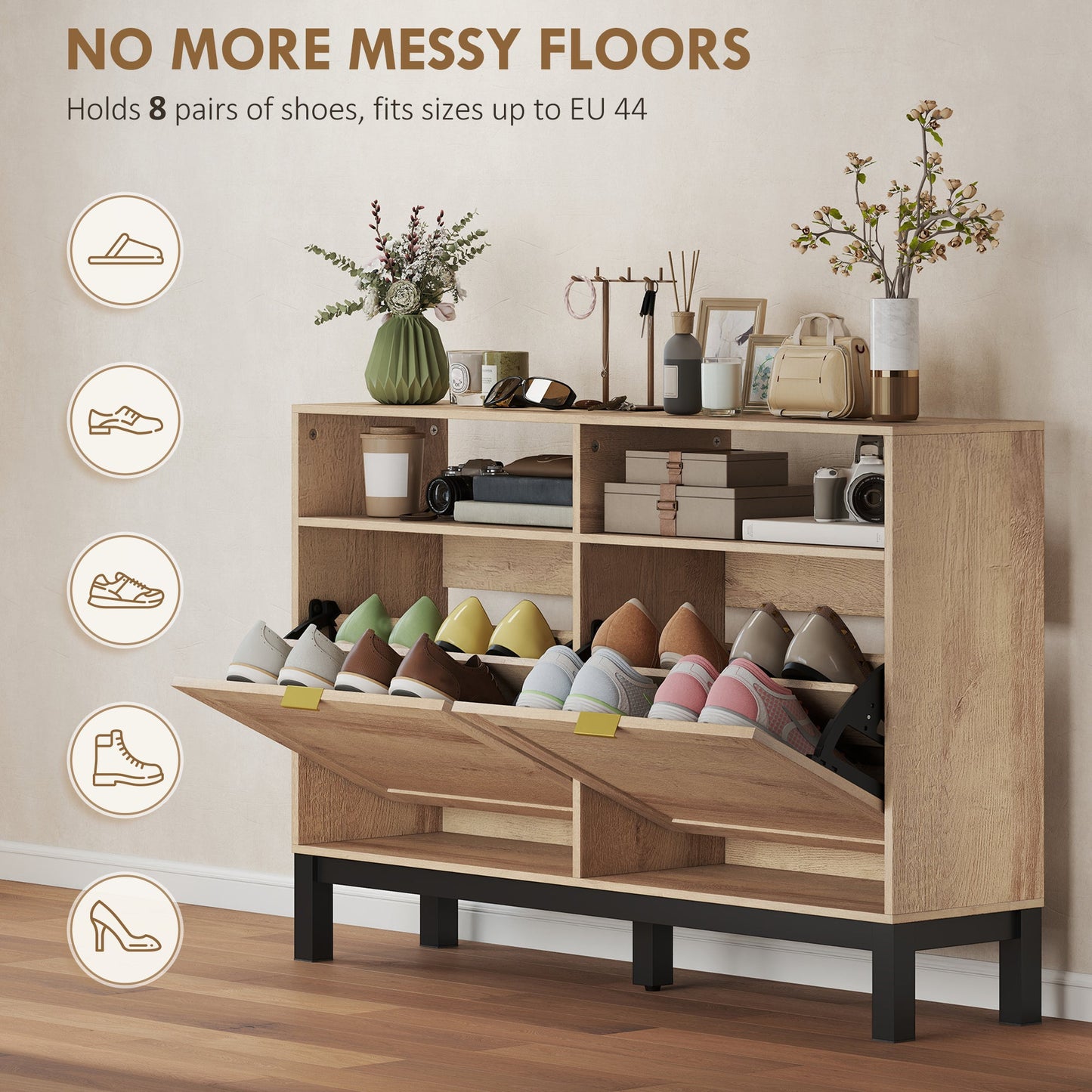 Narrow Shoe Cabinet with 2 Flip Drawers, Modern Shoe Storage Cabinet with Adjustable Shelves for Entryway, Hallway, Holds 8 Pairs, Walnut Brown