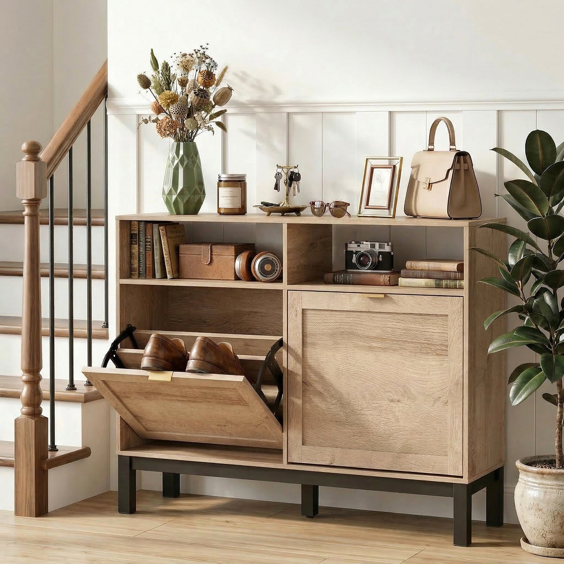 Narrow Shoe Cabinet with 2 Flip Drawers, Modern Shoe Storage Cabinet with Adjustable Shelves for Entryway, Hallway, Holds 8 Pairs, Walnut Brown