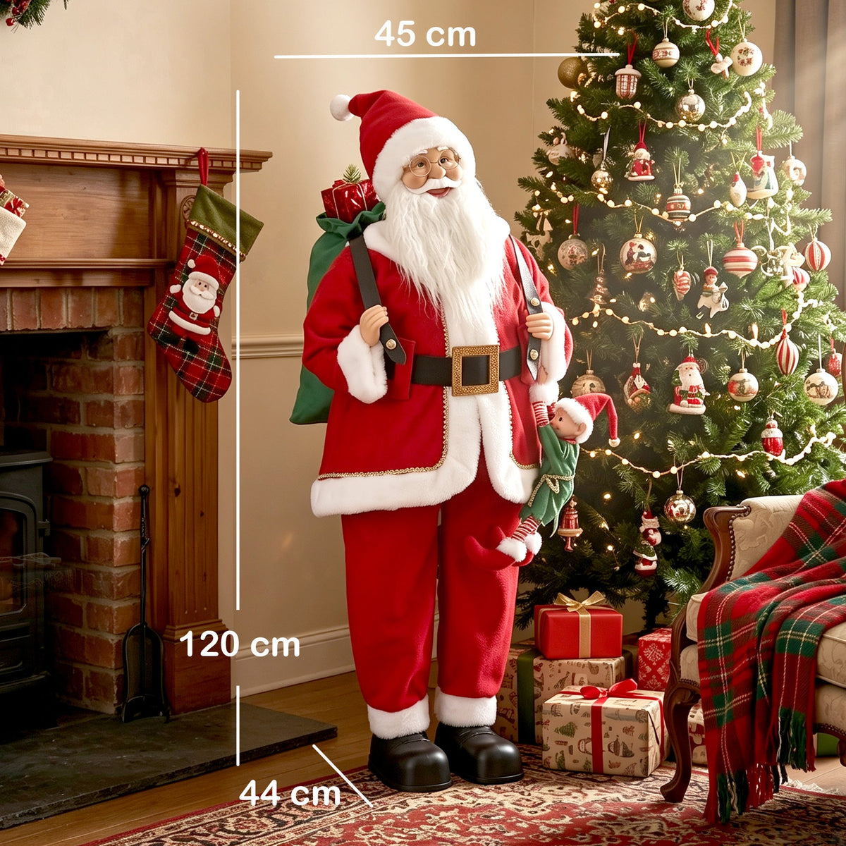 4ft Life Size Singing Dancing Santa Claus, 120 cm Standing Musical Animated Santa with Sack, Hanging Elf, Posable Arms, Handcrafted, Sound Touch Activated, Moving Christmas Figure Decoration
