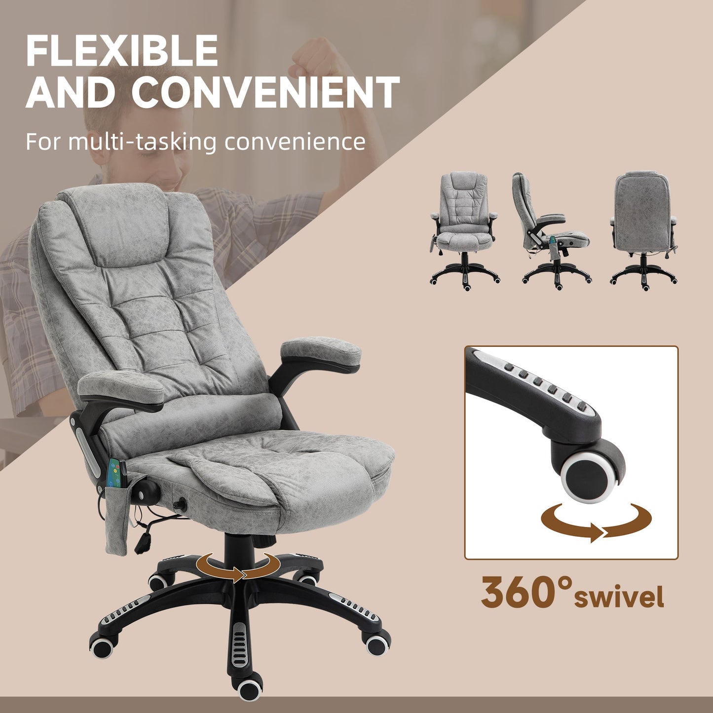 Vinsetto Office Chair, Ergonomic Desk Chair with 6-Point Massage and Back Heated, Microfiber Cloth Computer Gaming Chair with Arms, Lumbar Support, Gray