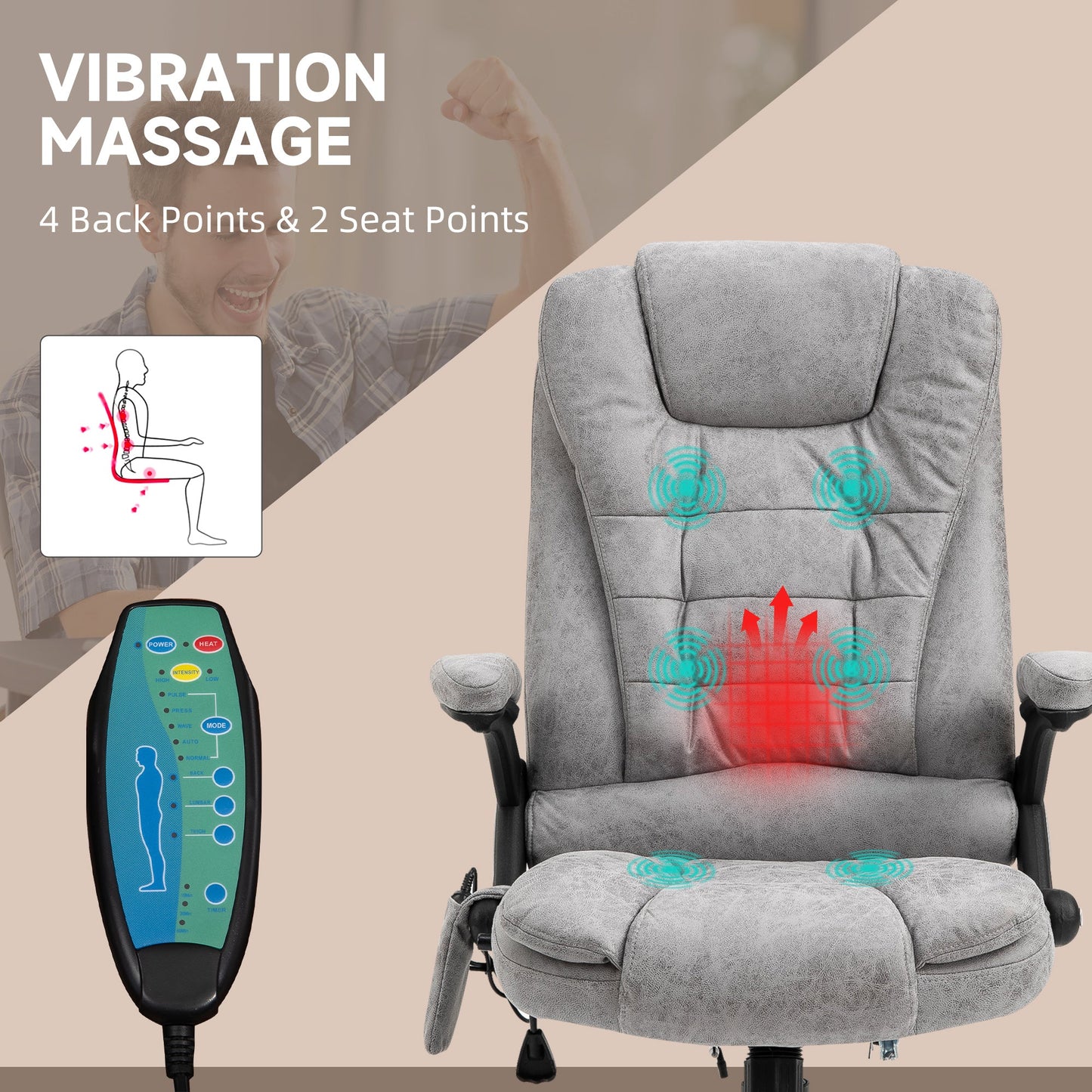 Vinsetto Office Chair, Ergonomic Desk Chair with 6-Point Massage and Back Heated, Microfiber Cloth Computer Gaming Chair with Arms, Lumbar Support, Gray