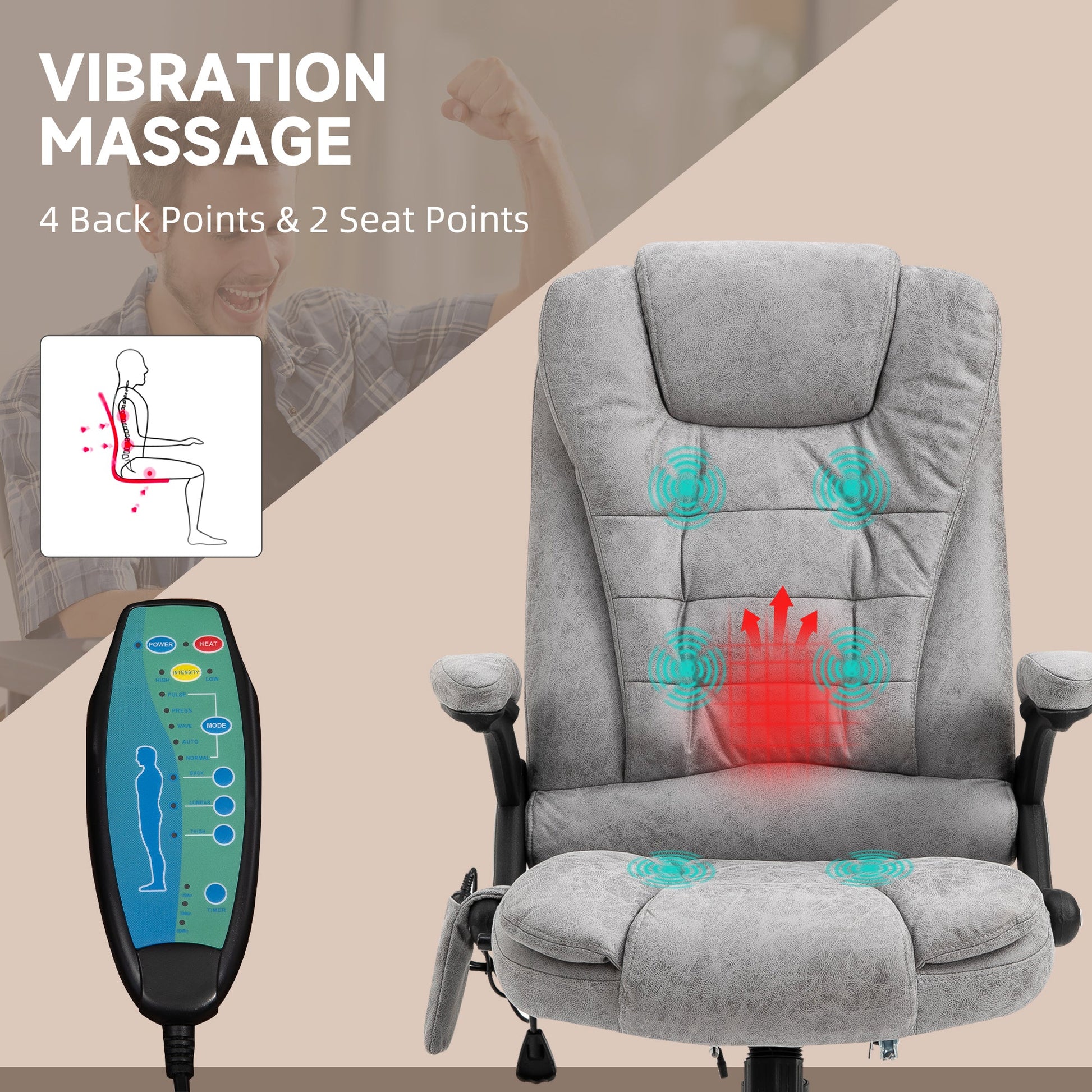 Vinsetto Office Chair, Ergonomic Desk Chair with 6-Point Massage and Back Heated, Microfiber Cloth Computer Gaming Chair with Arms, Lumbar Support, Gray
