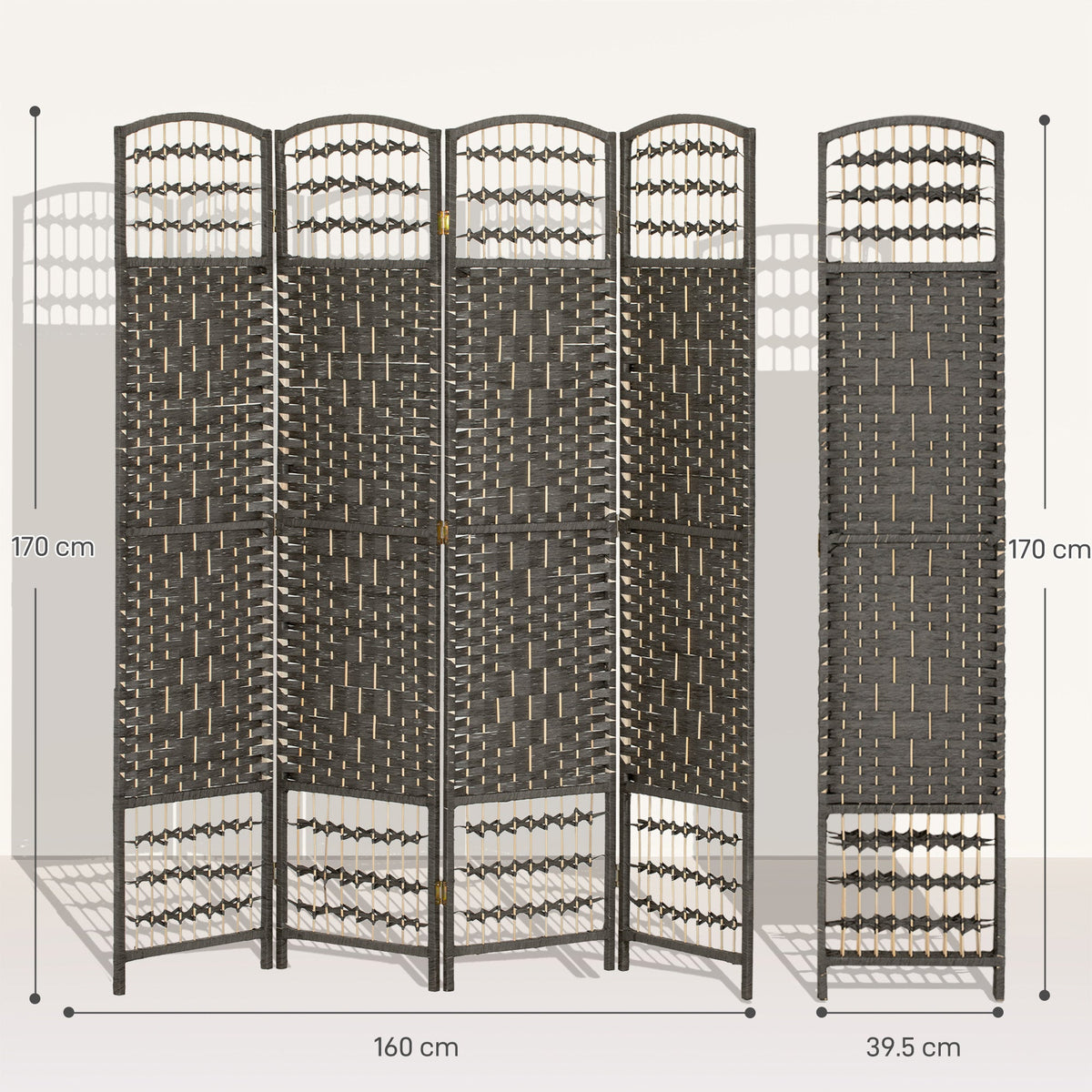4 Panel Folding Room Divider, Privacy Screen, Freestanding Paravent Partition Separator for Living Room and Office, 160 x 170cm,  Dark Grey