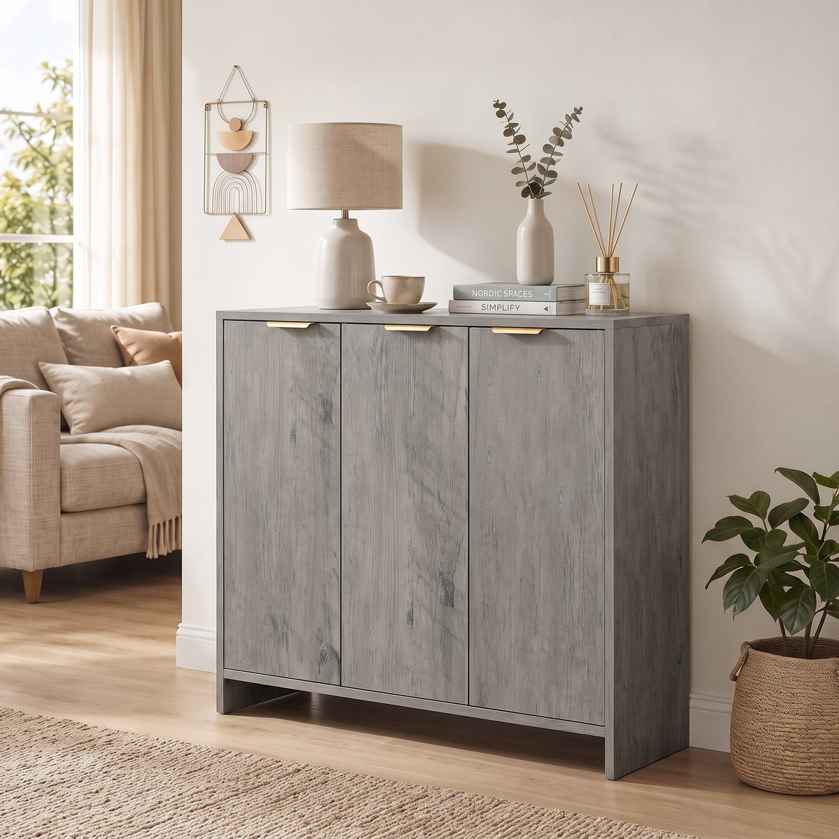 Sideboard Cabinet, Modern Storage Cabinet with 3 Doors and Adjustable Shelves, Freestanding Kitchen Cupboard for Living Room, Dining Room, 100 x 35 x 90 cm, Grey