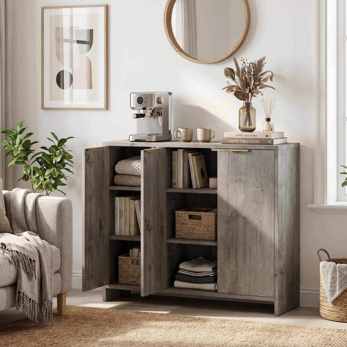 Sideboard Cabinet, Modern Storage Cabinet with 3 Doors and Adjustable Shelves, Freestanding Kitchen Cupboard for Living Room, Dining Room, 100 x 35 x 90 cm, Grey
