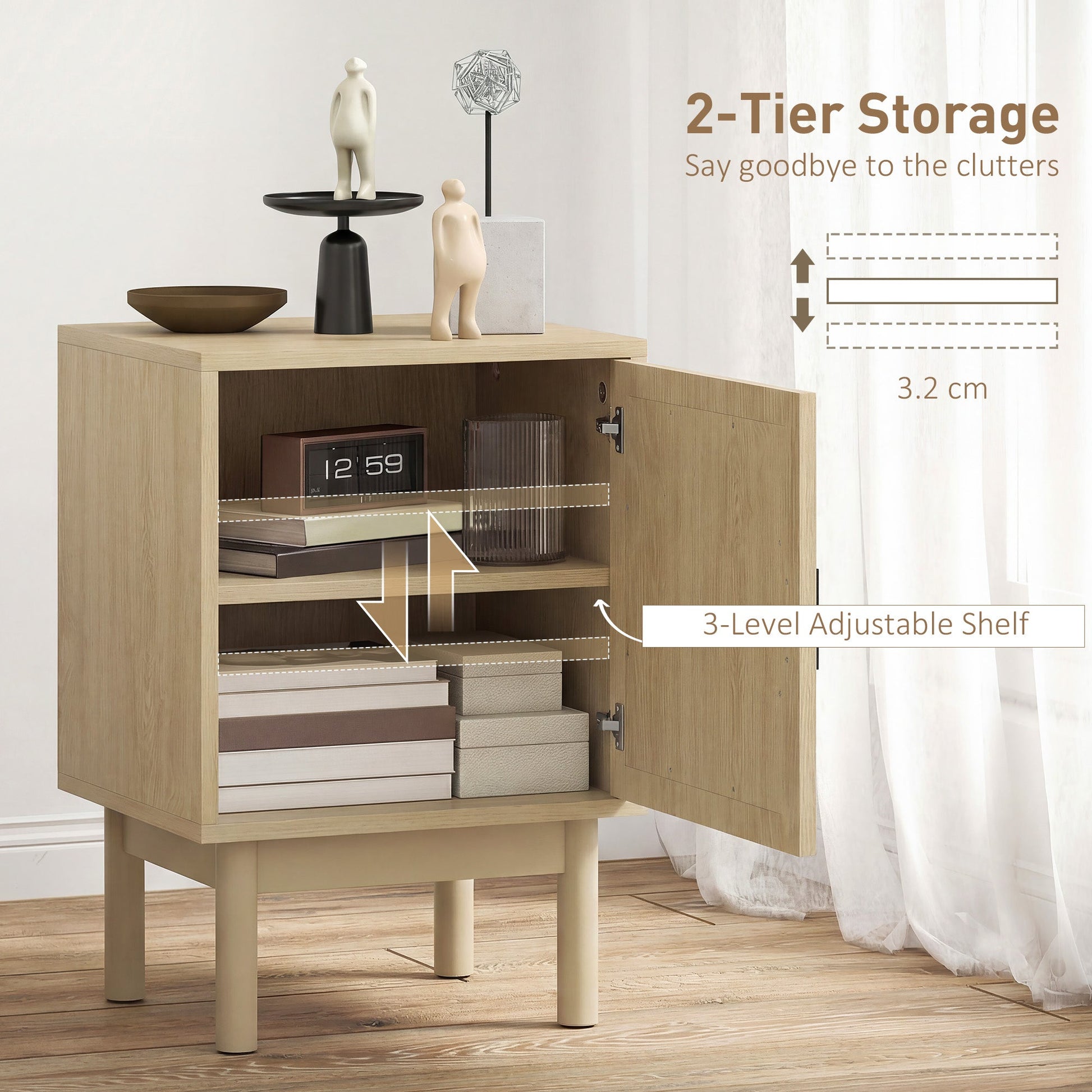 Rattan Bedside Table, Boho Bedside Cabinet with Adjustable Shelf and Solid Wood Legs, Side Table for Living Room, Bedroom, Natural Wood
