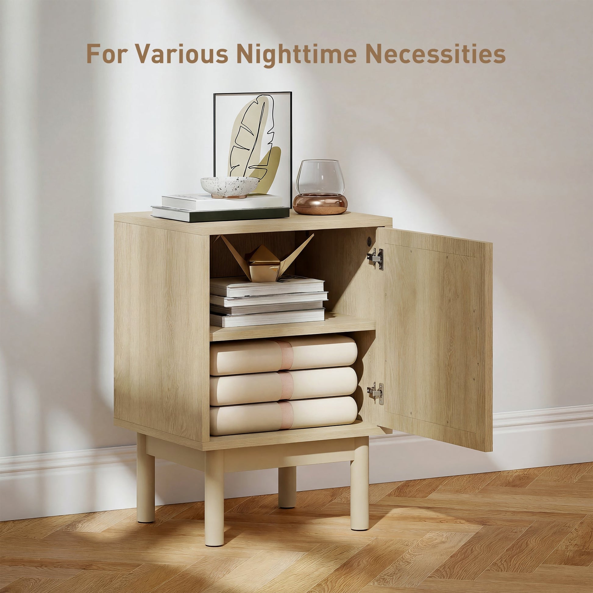 Rattan Bedside Table, Boho Bedside Cabinet with Adjustable Shelf and Solid Wood Legs, Side Table for Living Room, Bedroom, Natural Wood