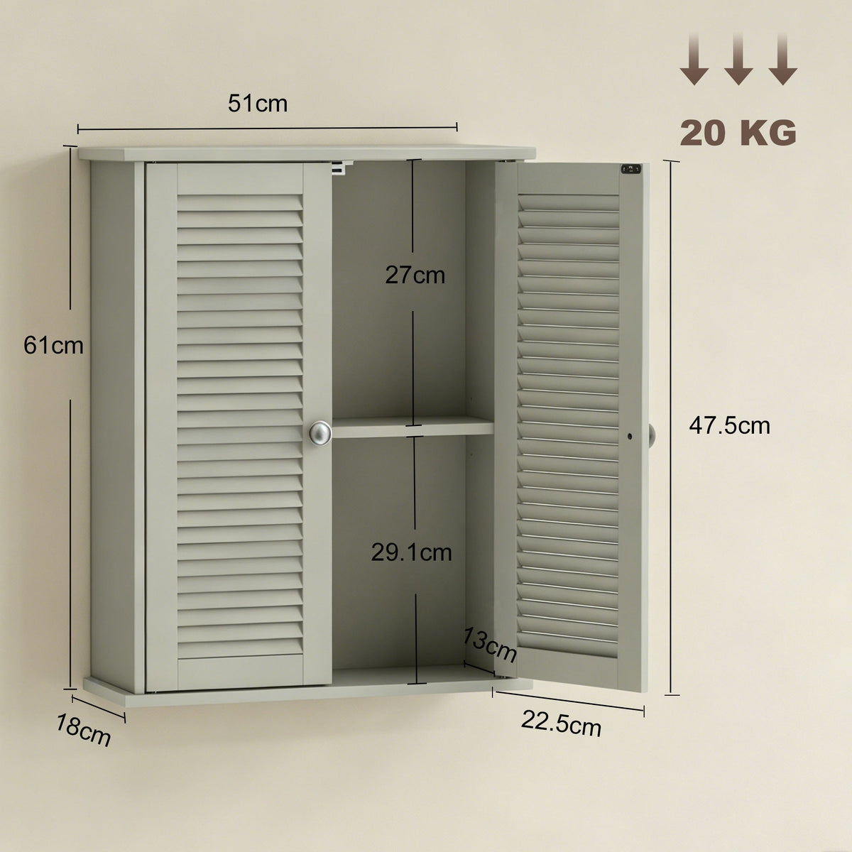 Bathroom Wall Cabinet, Wall-Mounted Over-The-Toilet Space Saver with Louvered Doors and Adjustable Shelf Storage for Kitchen, Living Room, Light Green