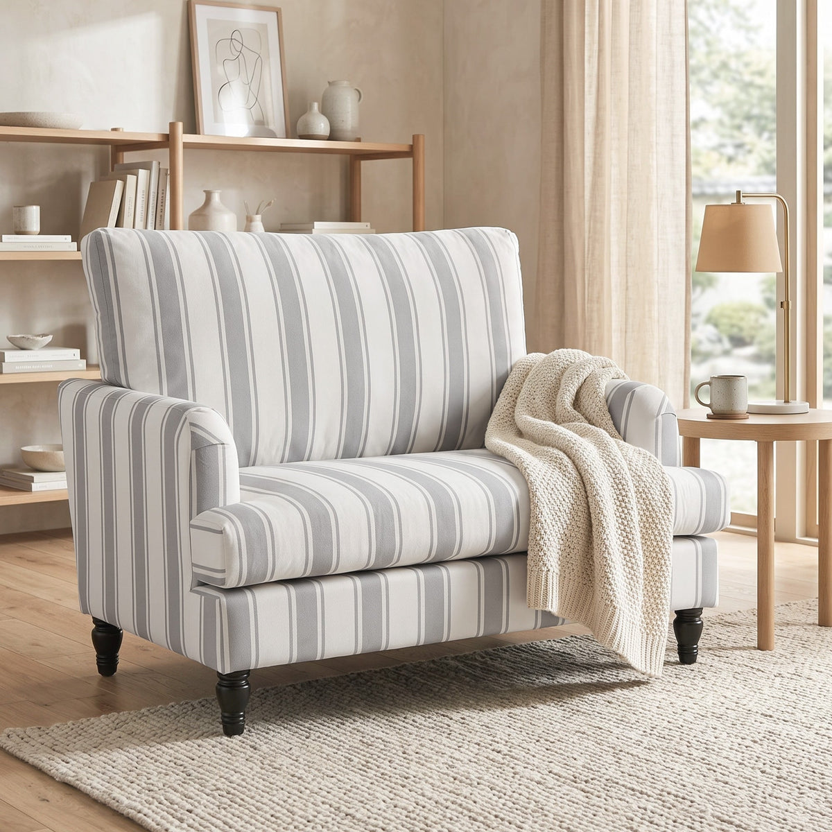 Modern Accent Chair, Velvet Single Sofa Armchair with Stripes, Turned Legs and Wide Seat, Upholstered Snuggle Chair for Living Room, Bedroom, Grey